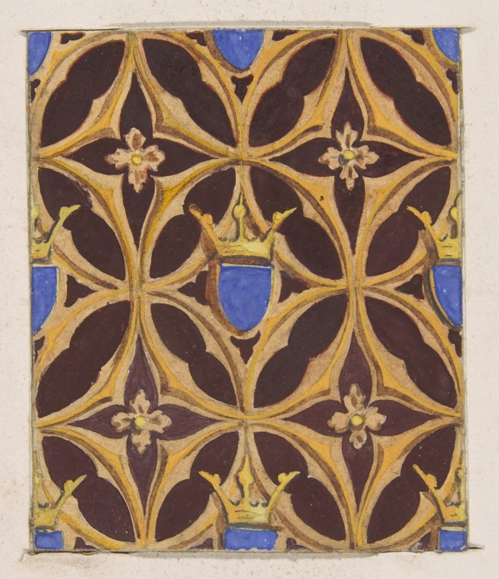 Design for wallpaper featuring blue shields surmouted by crowns by Jules-Edmond-Charles Lachaise