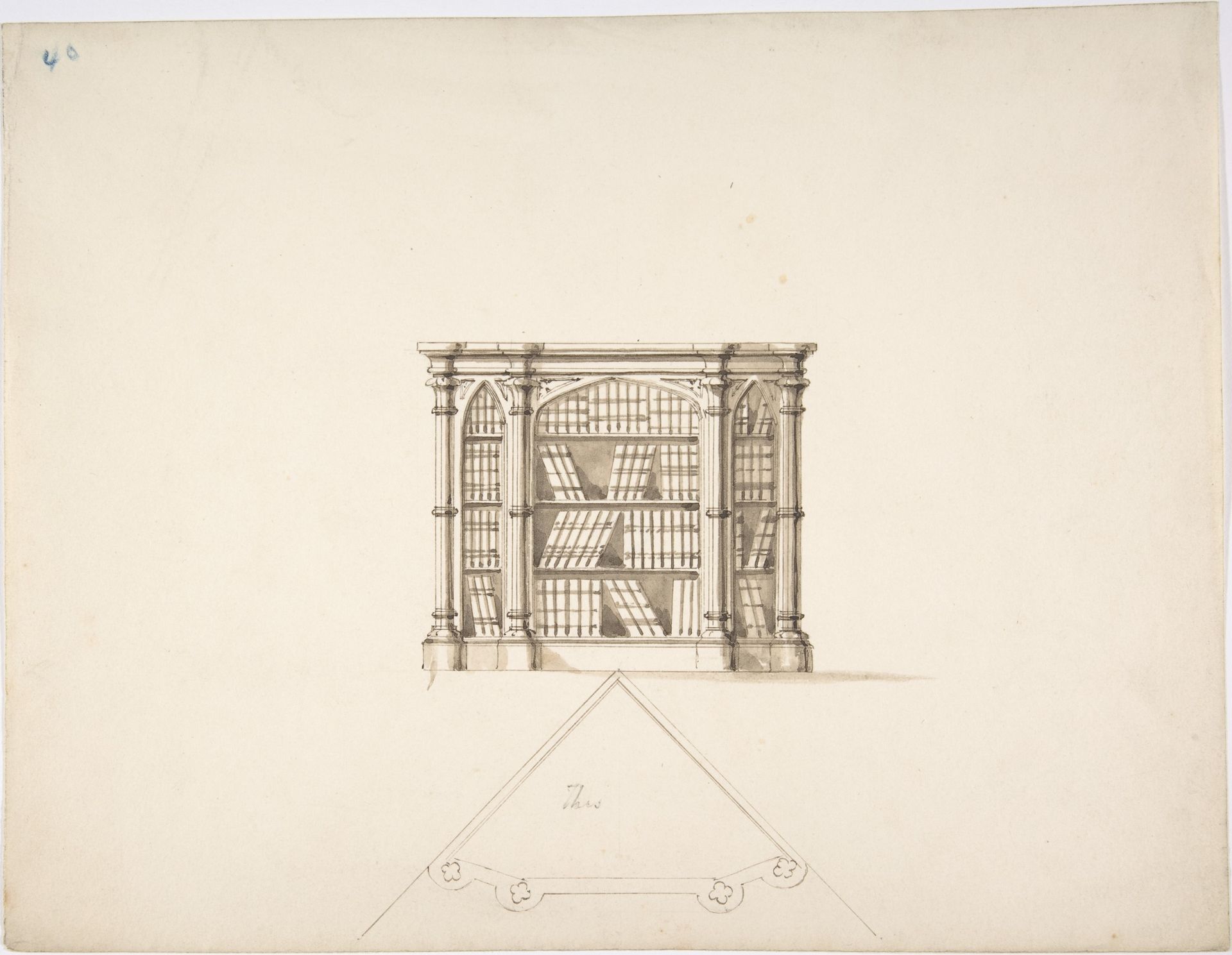 Design for a Gothic Style Corner Book Cabinet: Elevation and Plan by Anonymous