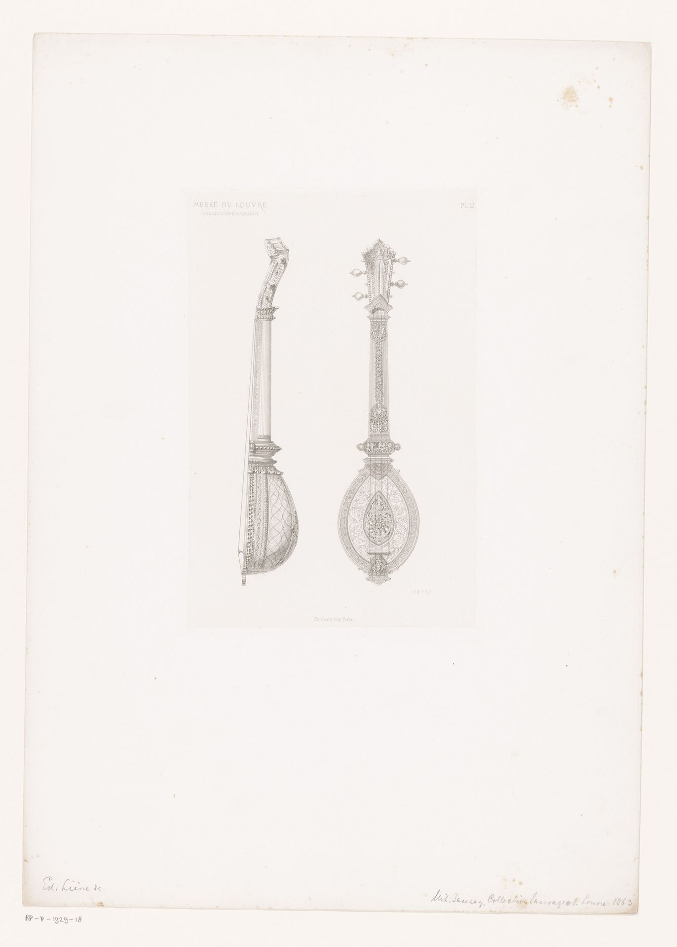 Twee aanzichten van een snaarinstrument, mogelijk een sitar of bouzouki by Edouard Lièvre