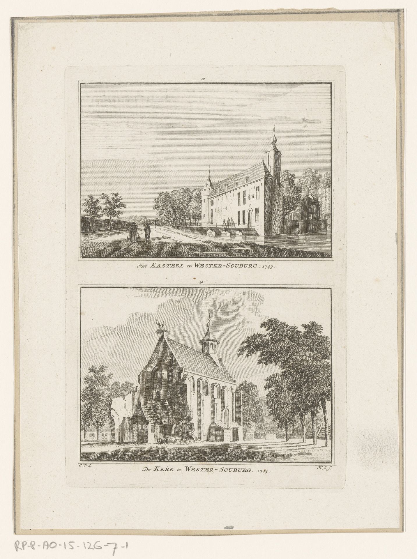 Gezicht op Kasteel Aldegonde en gezicht op de kerk te West-Souburg, 1743 by Hendrik Spilman