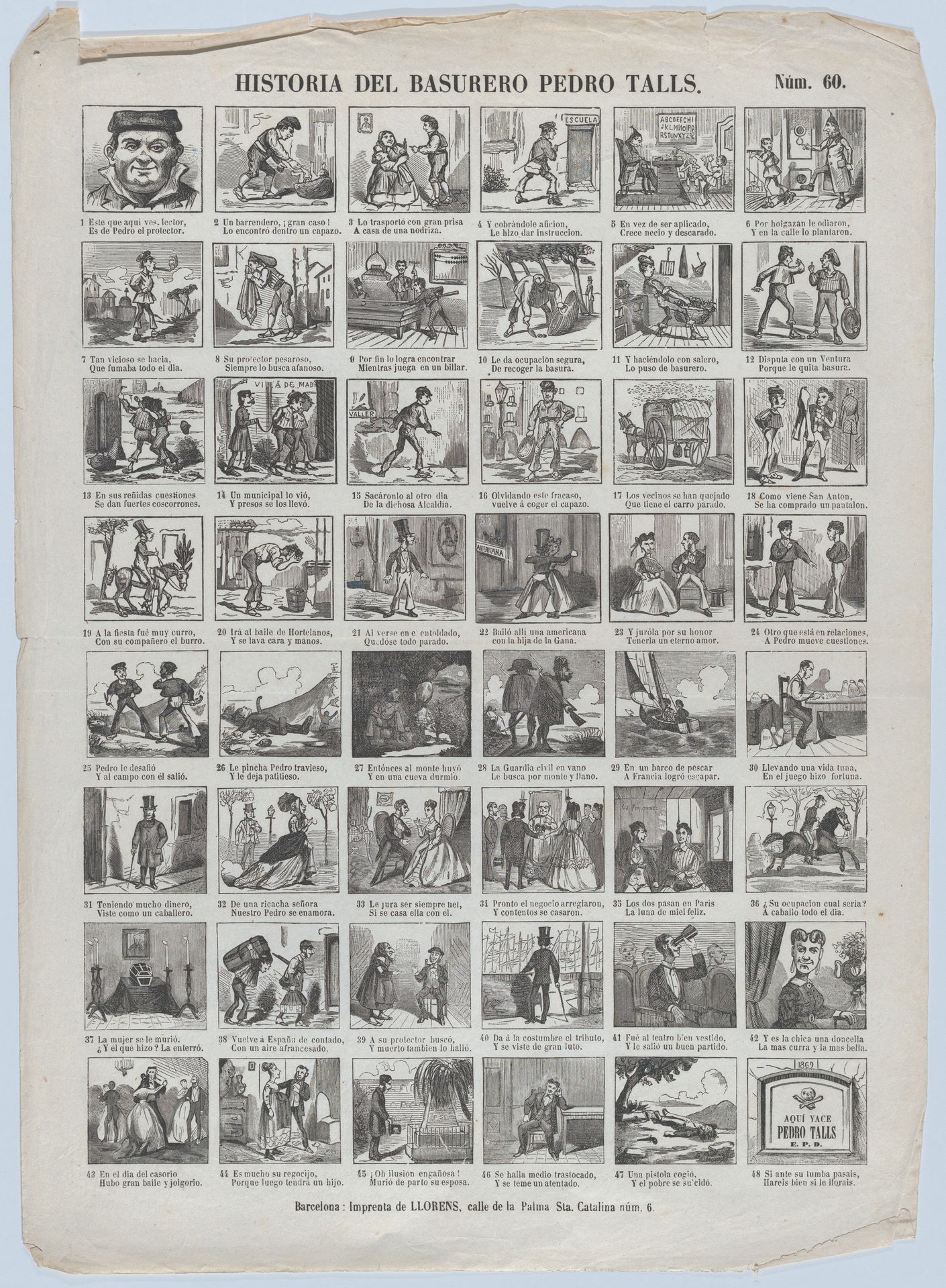 Broadside with 48 scenes relating to the life of the garbage man (trash man) Pedro Talls by Juan Llorens