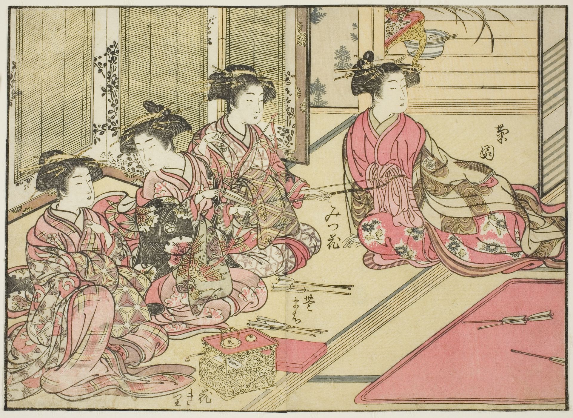 Courtesans of Kiriya, from the book "Mirror of Beautiful Women of the Pleasure Quarters (Seiro bijin awase sugata kagami)," vol. 2 by Kitao Shigemasa