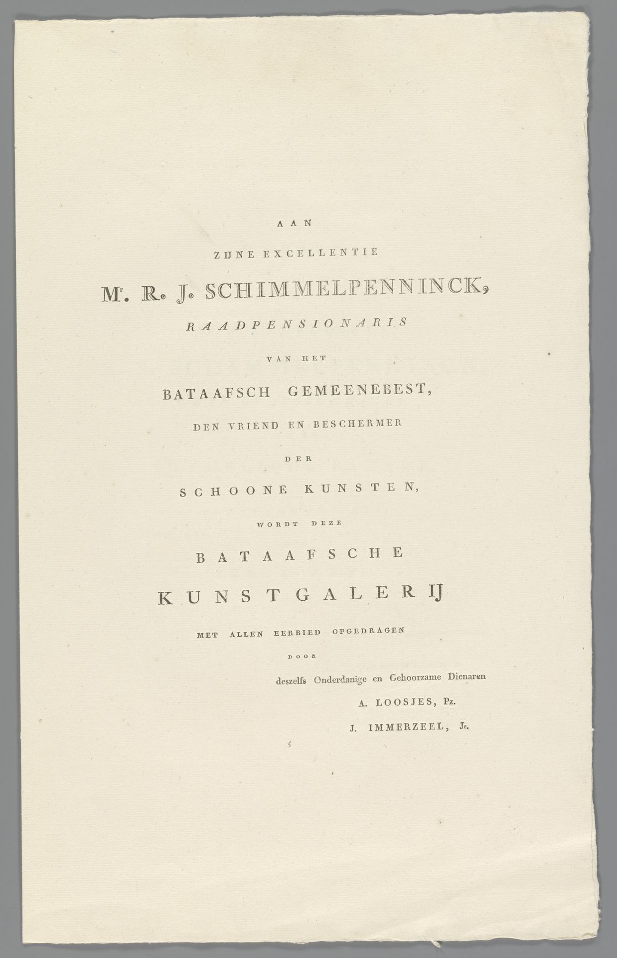 Tekstblad met opdracht aan Rutger Jan Schimmelpenninck by Adriaan Pietersz. Loosjes