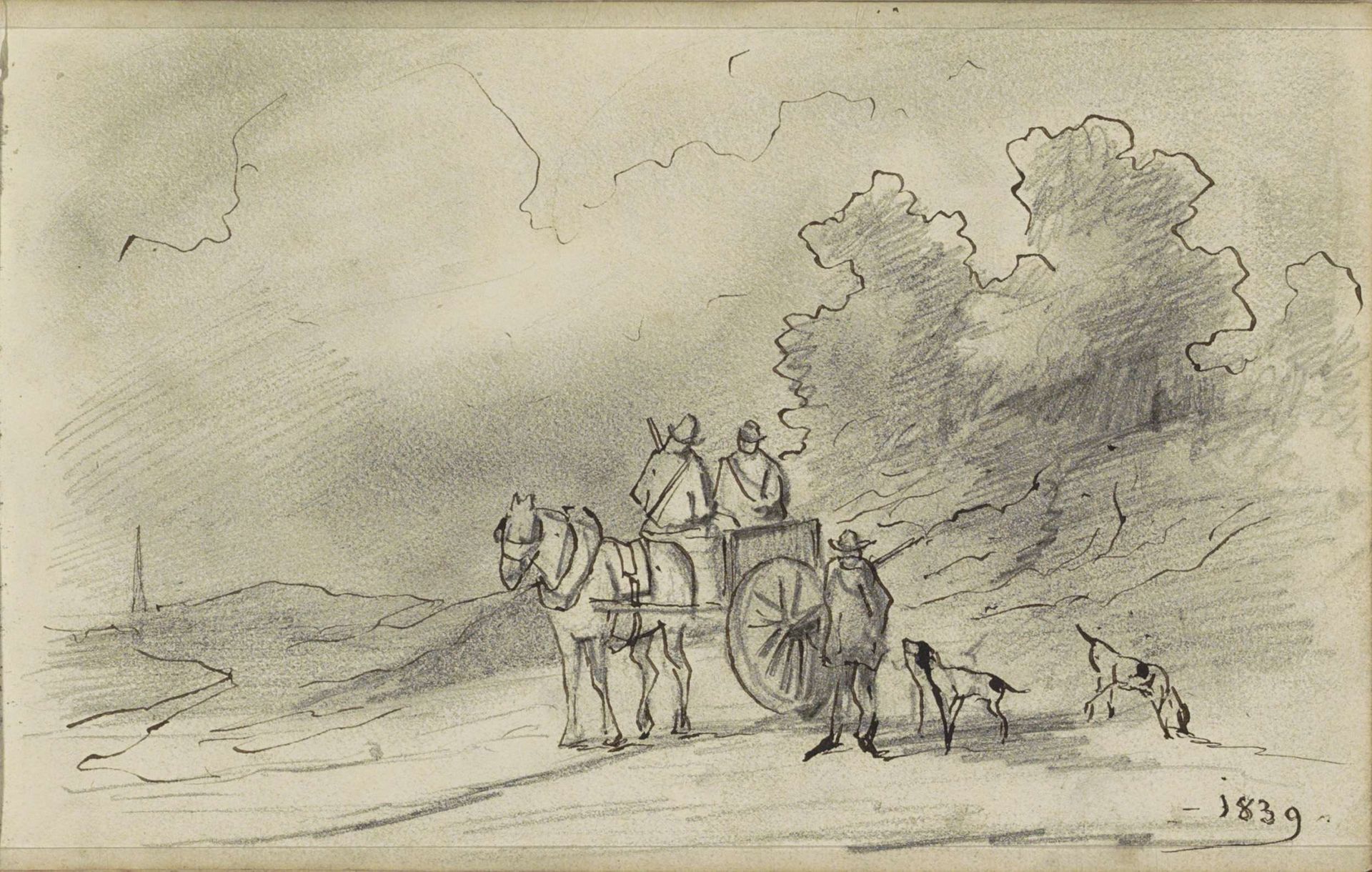 Paard en wagen met jagers en honden op een landweg by Johannes Tavenraat