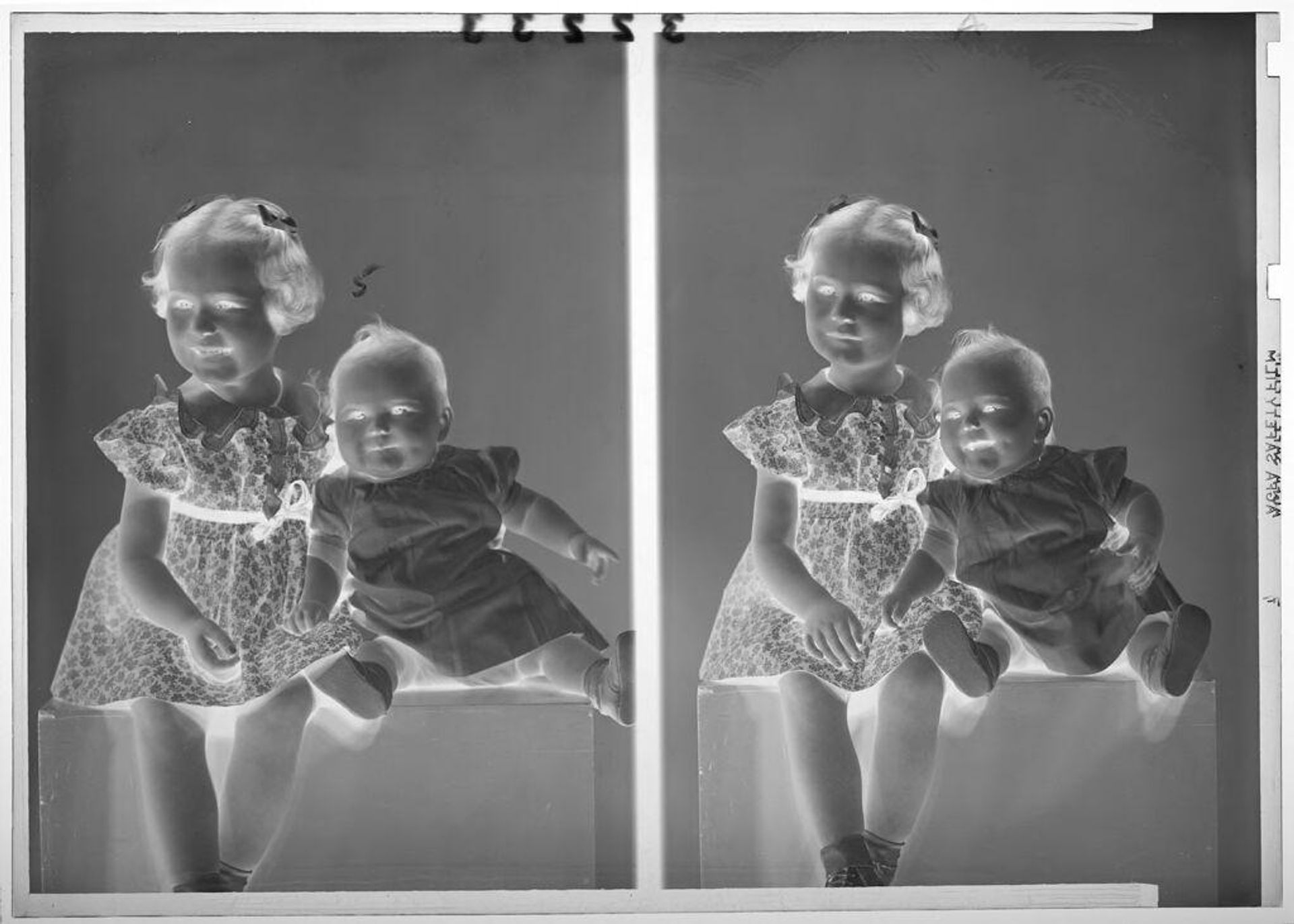 Untitled (double studio portrait of young girl posed sitting with baby sister) by Martin Schweig