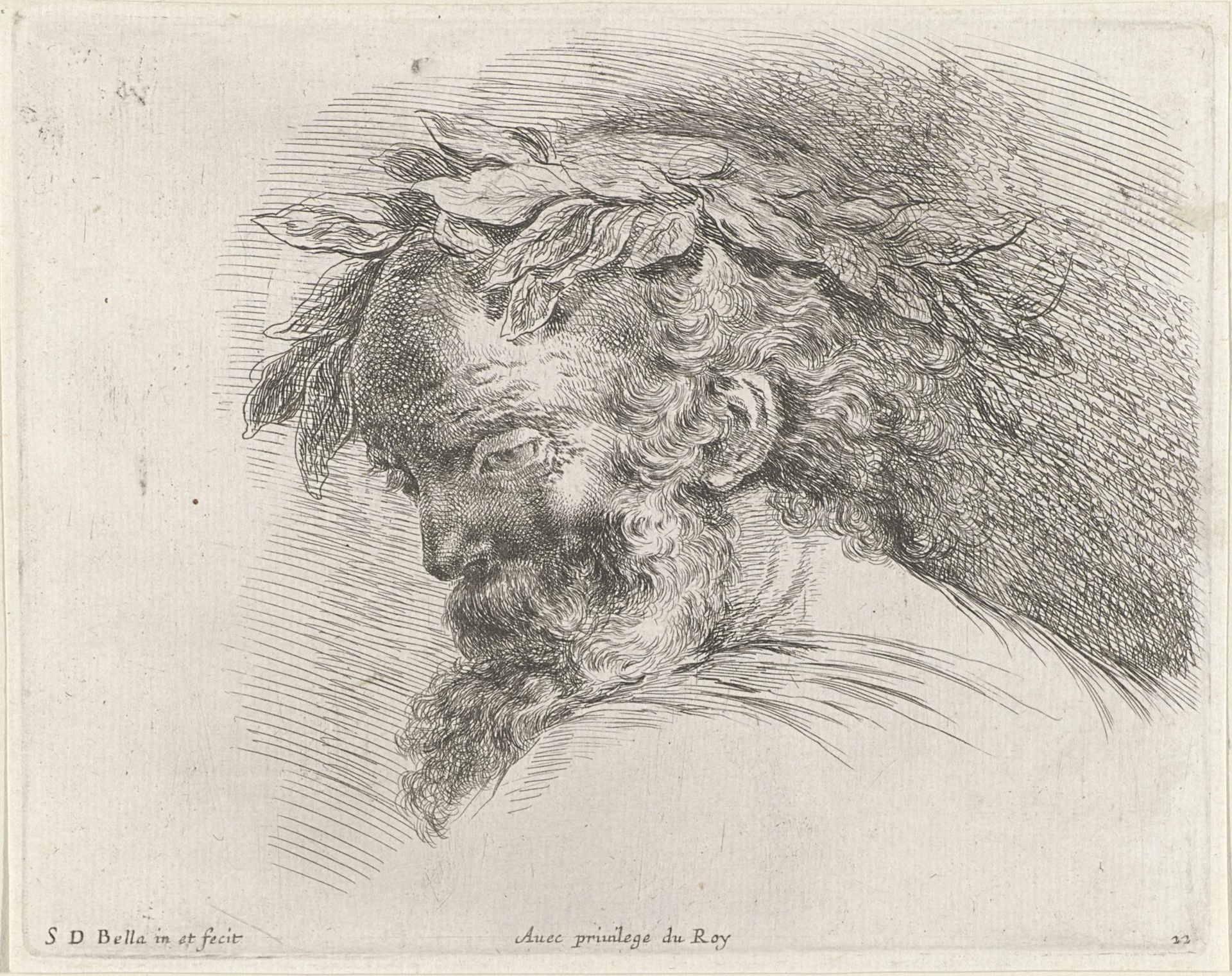 Hoofd van een oude man met laurierkrans, links naar beneden kijkend by Stefano della Bella