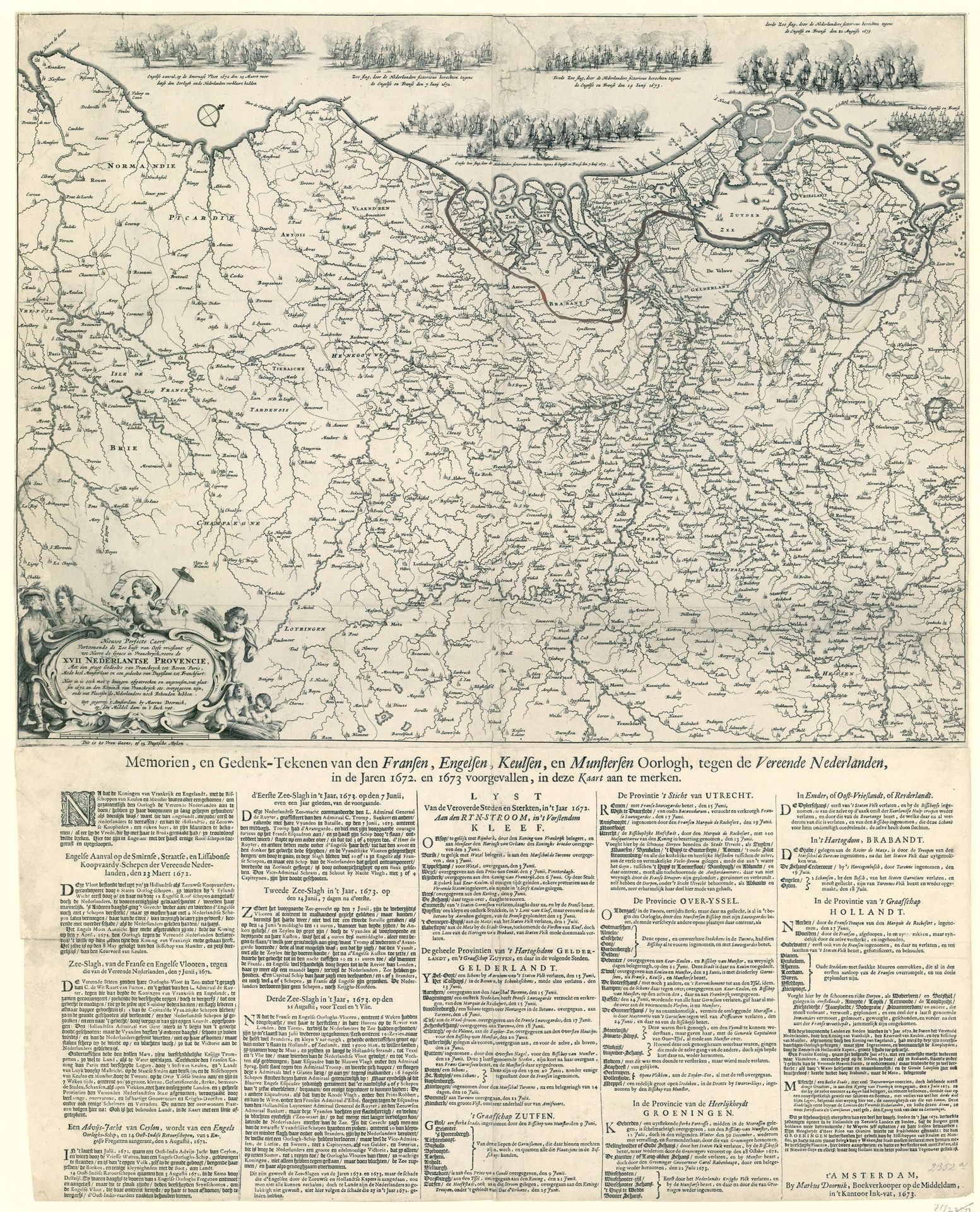 Kaart van de Nederlanden waarop is aangegeven tot waar de vijandelijke troepen in de jaren 1672-73 zijn opgerukt by Anonymous
