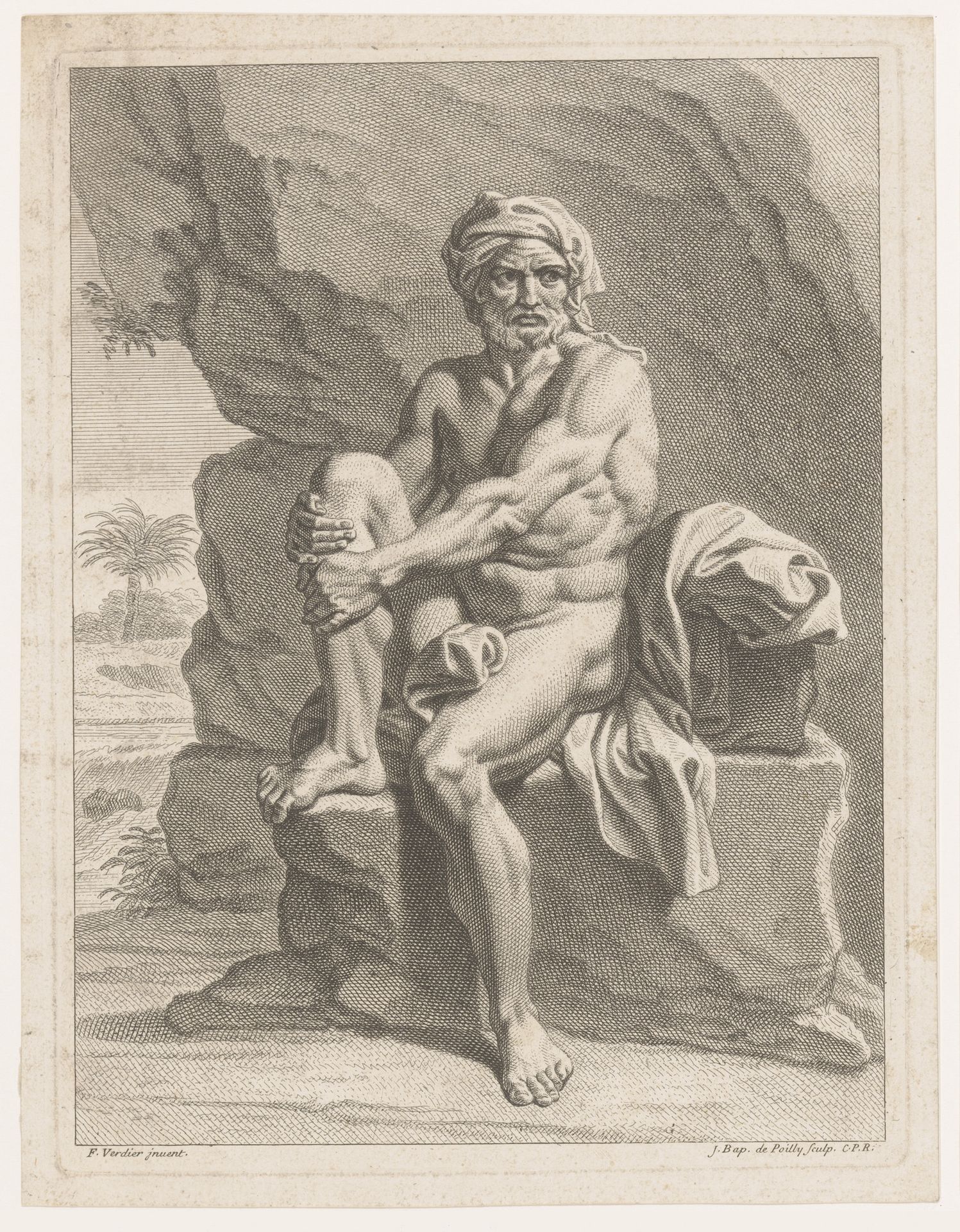 Naakte man met hoofddoek, zittend op rots by Jean-Baptiste de Poilly