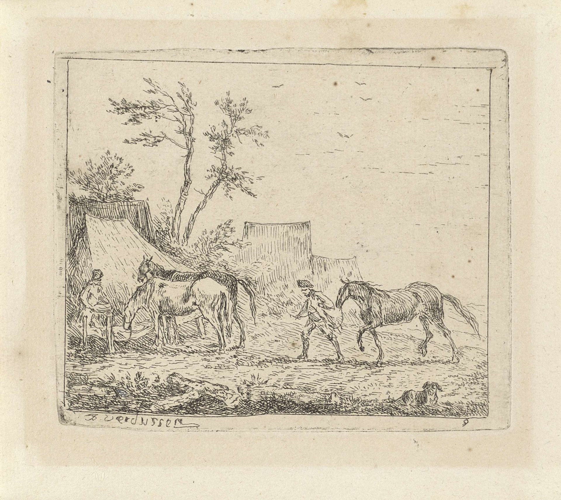 Twee mannen met hun paarden bij een drinkplaats by Jan Peeter Verdussen