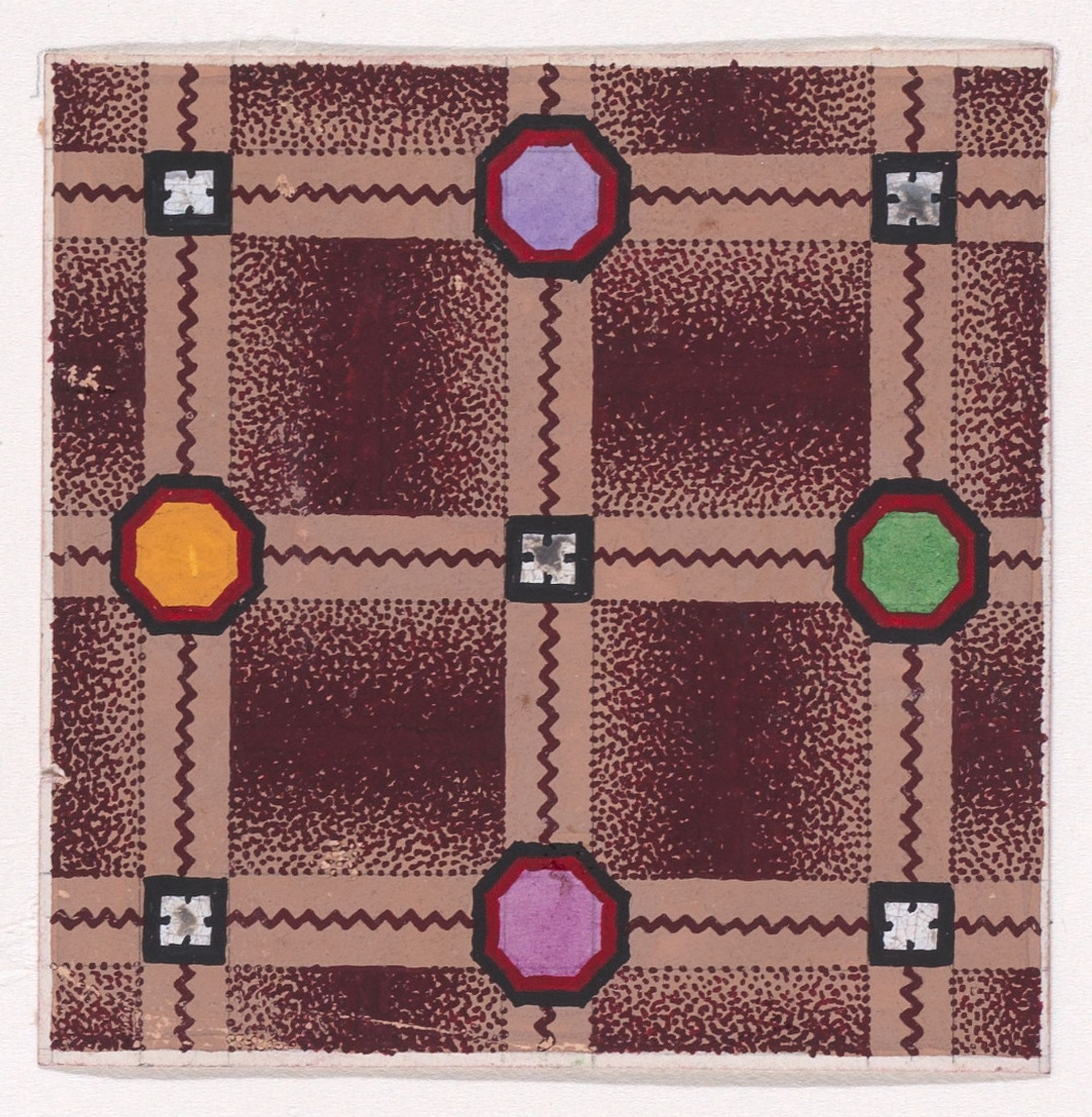 Textile Design with a Checked Pattern Decorated with Octagons and Squares over a Stippled Background by Anonymous