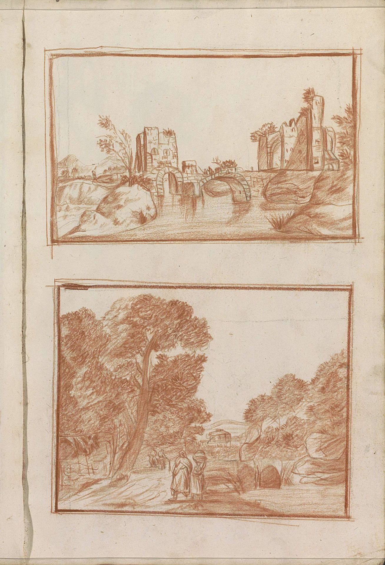 Stadsgezicht en een landschap met figuren by Hendrick van Beaumont