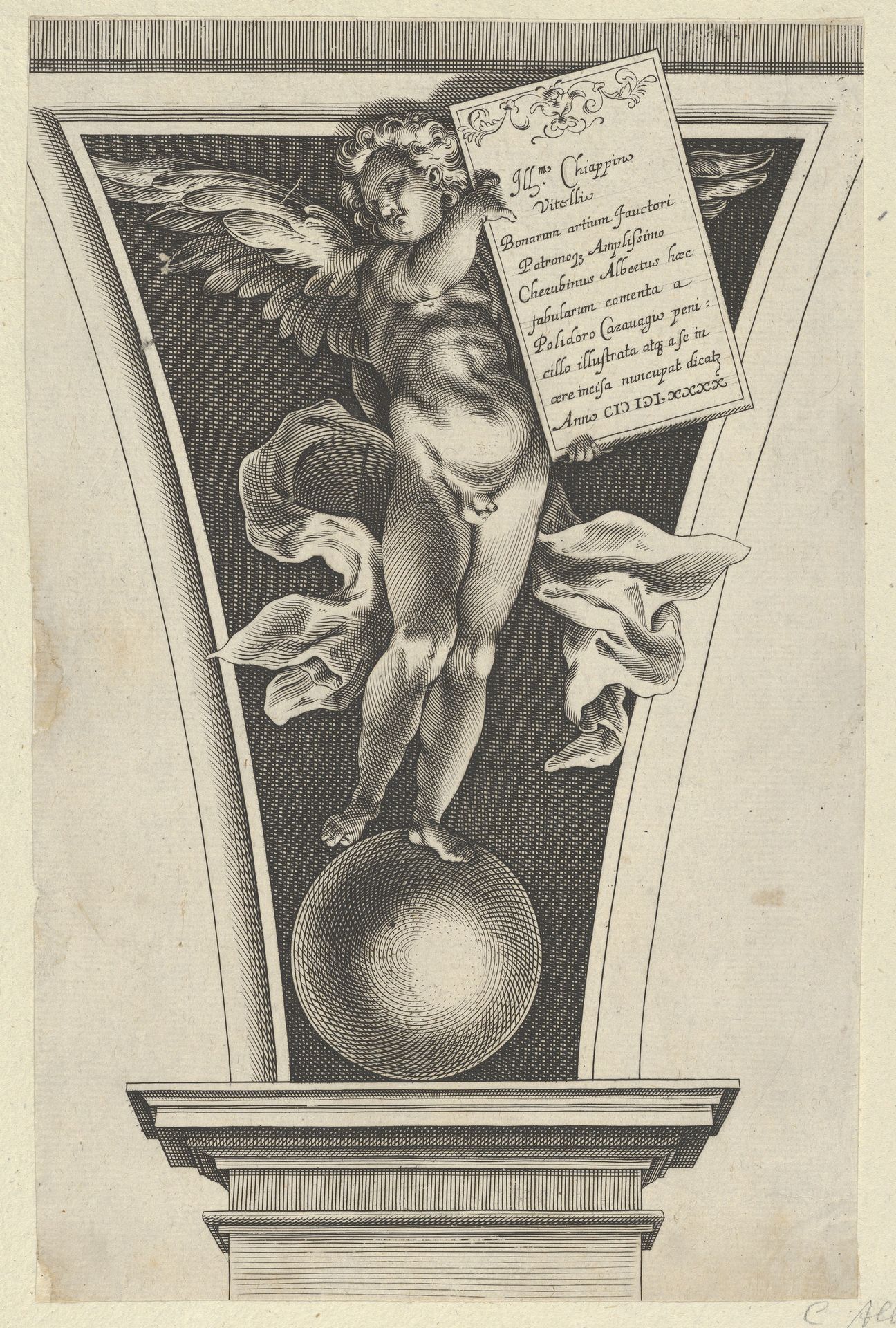 Winged putto holding a dedicatory plaque standing on an orb in an architectural detail by Alexander Mair