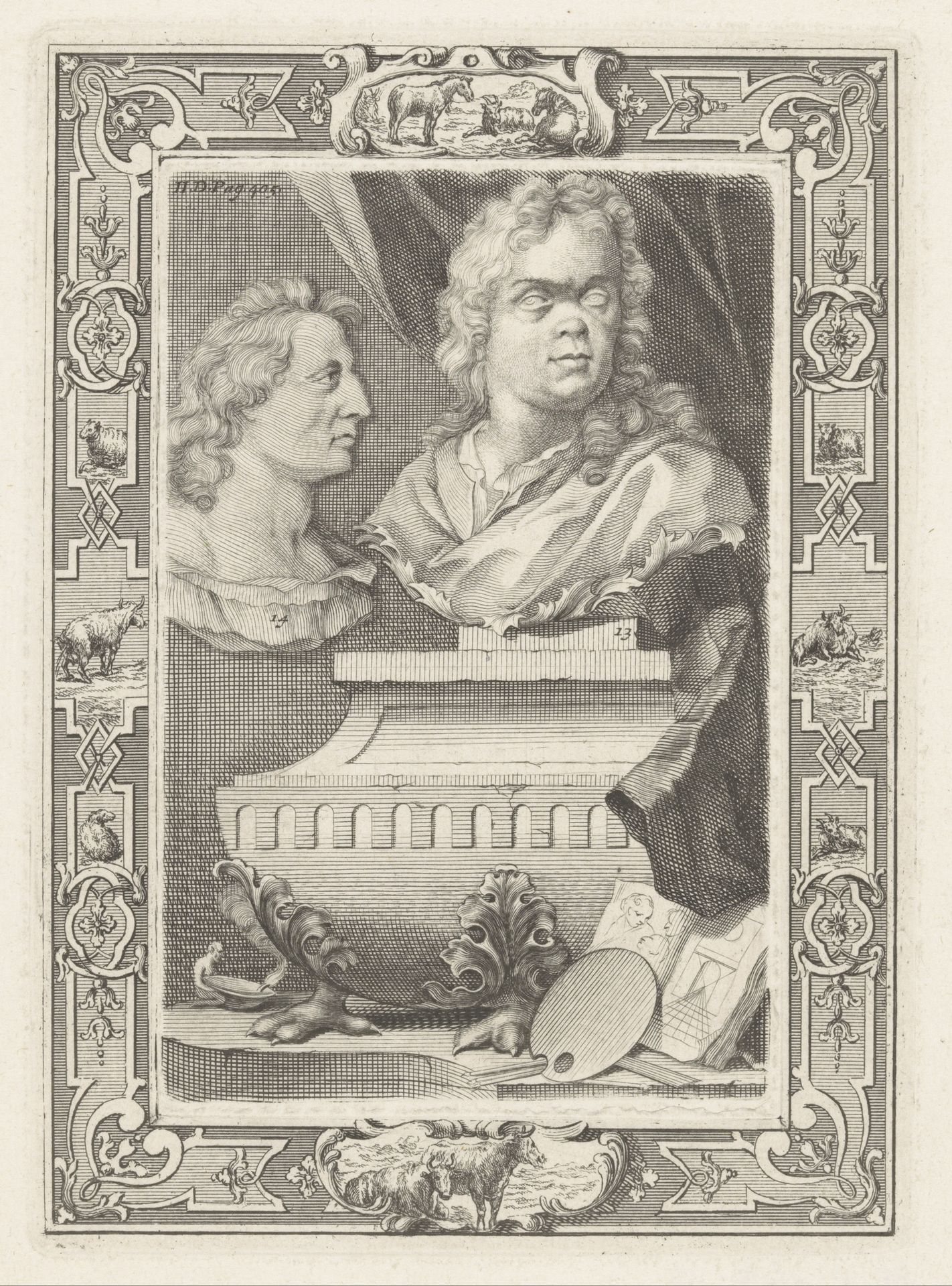 Bustes van Gérard de Lairesse en Albert Flamen by Arnold Houbraken
