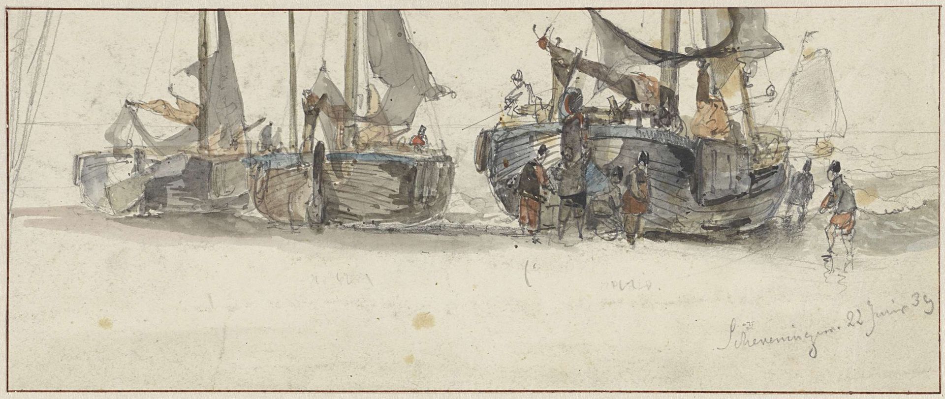 Vissersboten op het strand van Scheveningen by Willem Roelofs