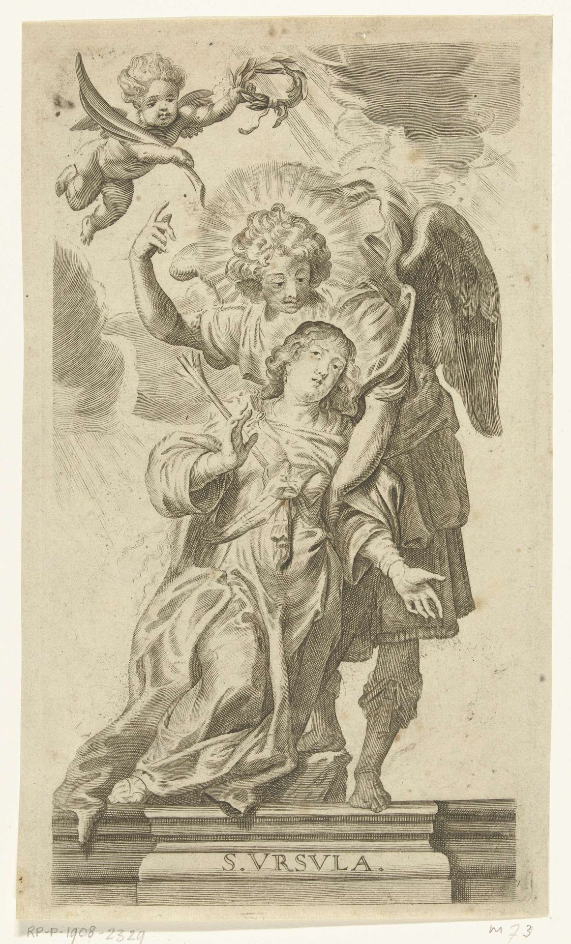 Martelaarschap van heilige Ursula met pijl in borst en ondersteund door engel by Anonymous