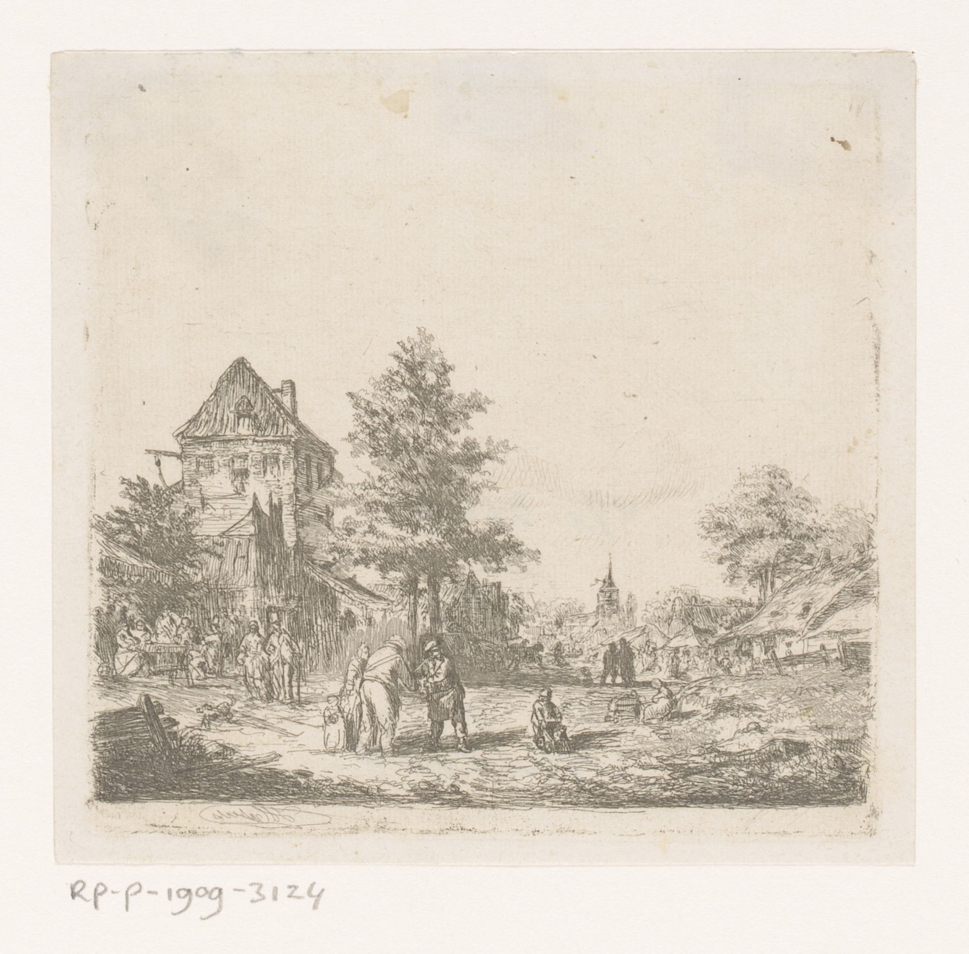 Dorpsgezicht met veel mensen op straat en een kerk op de achtergrond by Florent Nicolas Crabeels