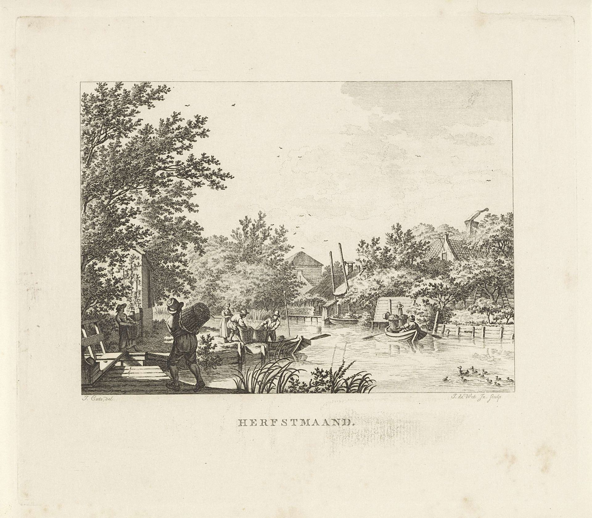 Figuren vervoeren manden met fruit over een rivier by Izaak Jansz. de Wit