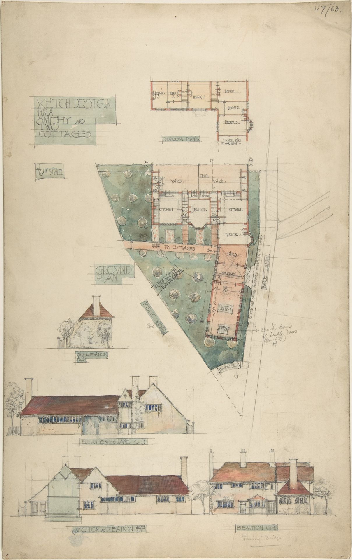 Design for a Smithy and Two Cottages by Charles Edward Mallows