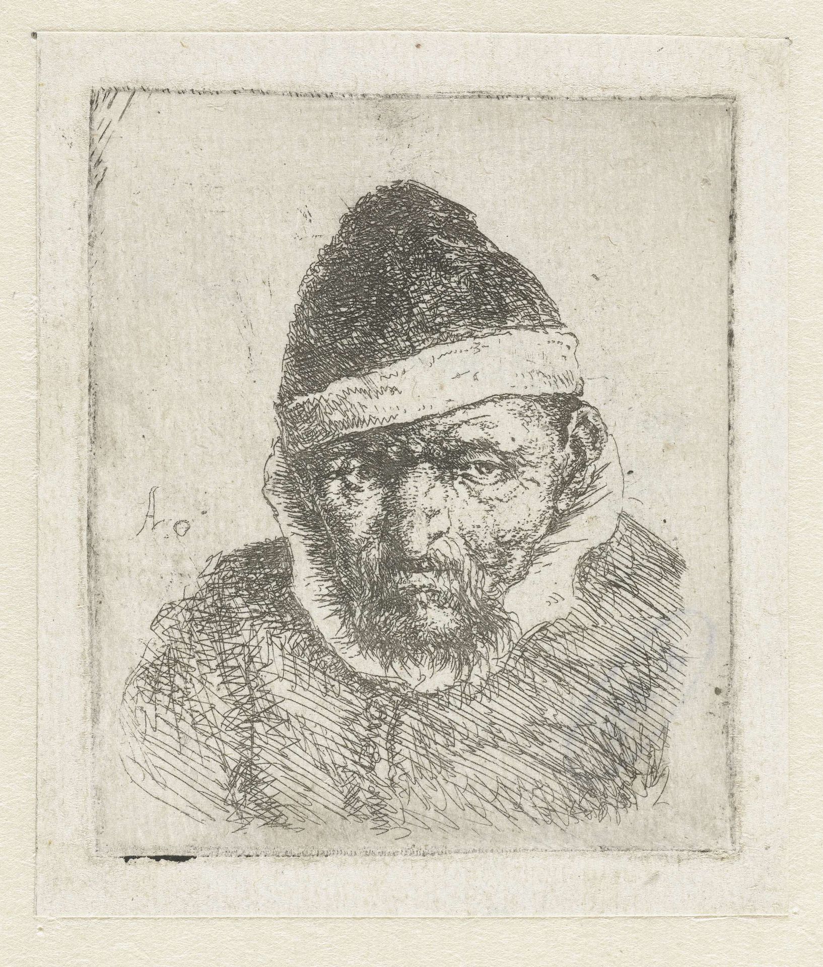 Buste van een oude boer met een puntmuts by Adriaen van Ostade