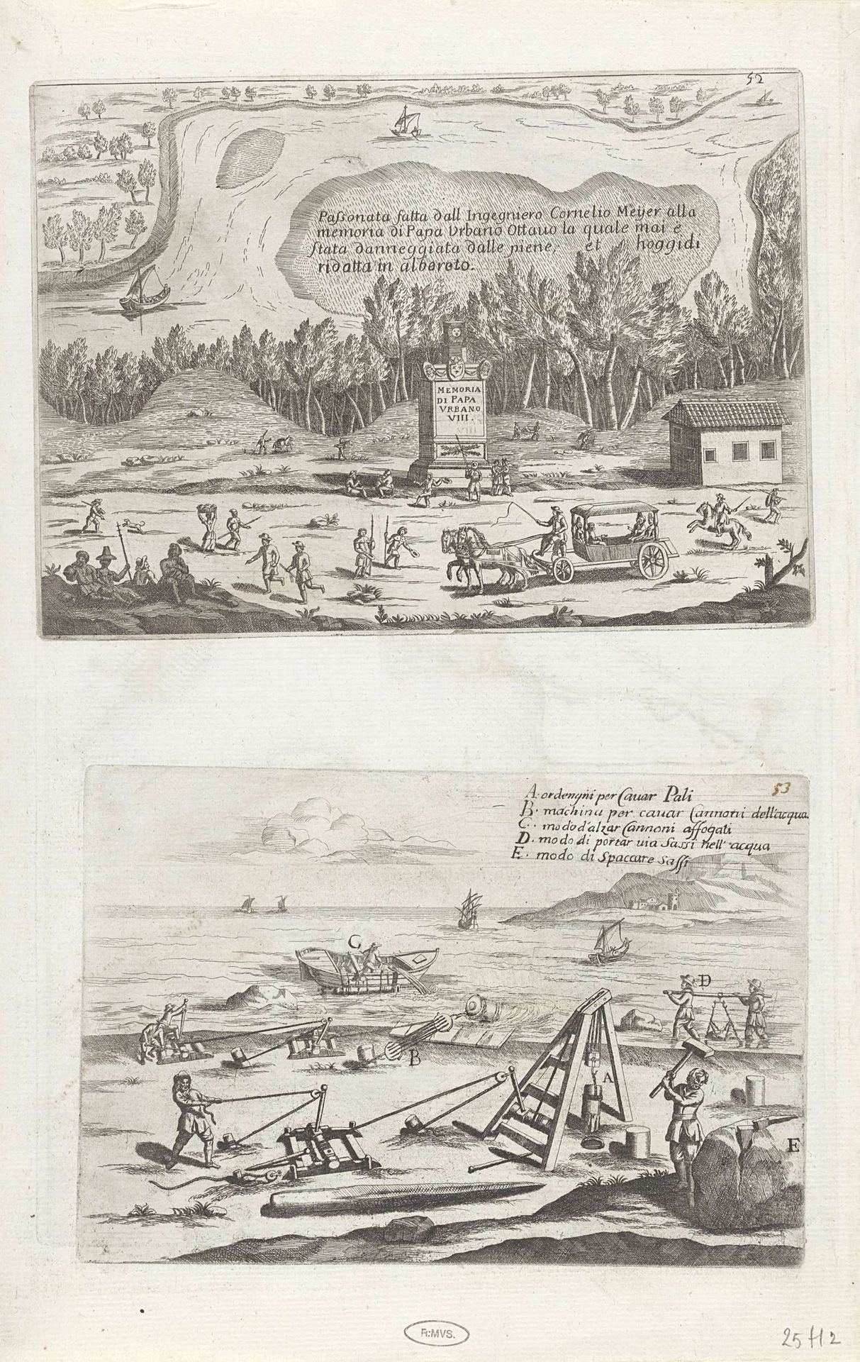 Monument voor paus Urbanus VIII in rivierlandschap / Werklieden op de kust by Anonymous