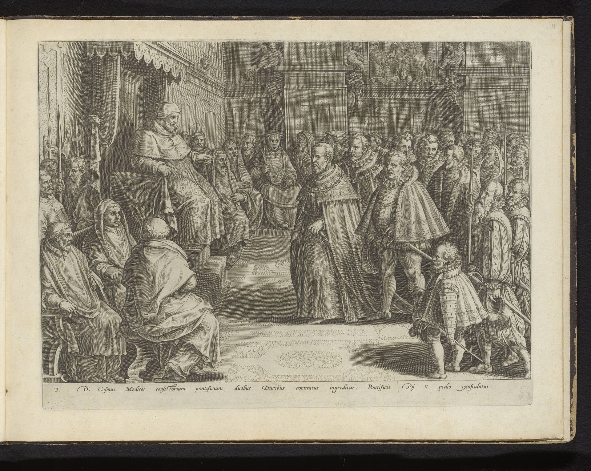 Cosimo de' Medici voor het college van kardinalen en paus Pius V by Philips Galle