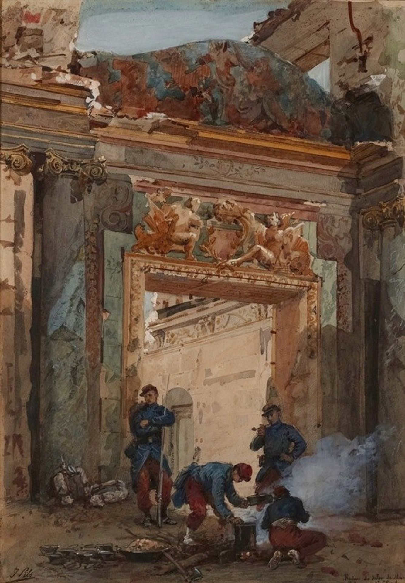 Ruines du salon de Mars au palais de Saint-Cloud en 1871. by Isidore Pils