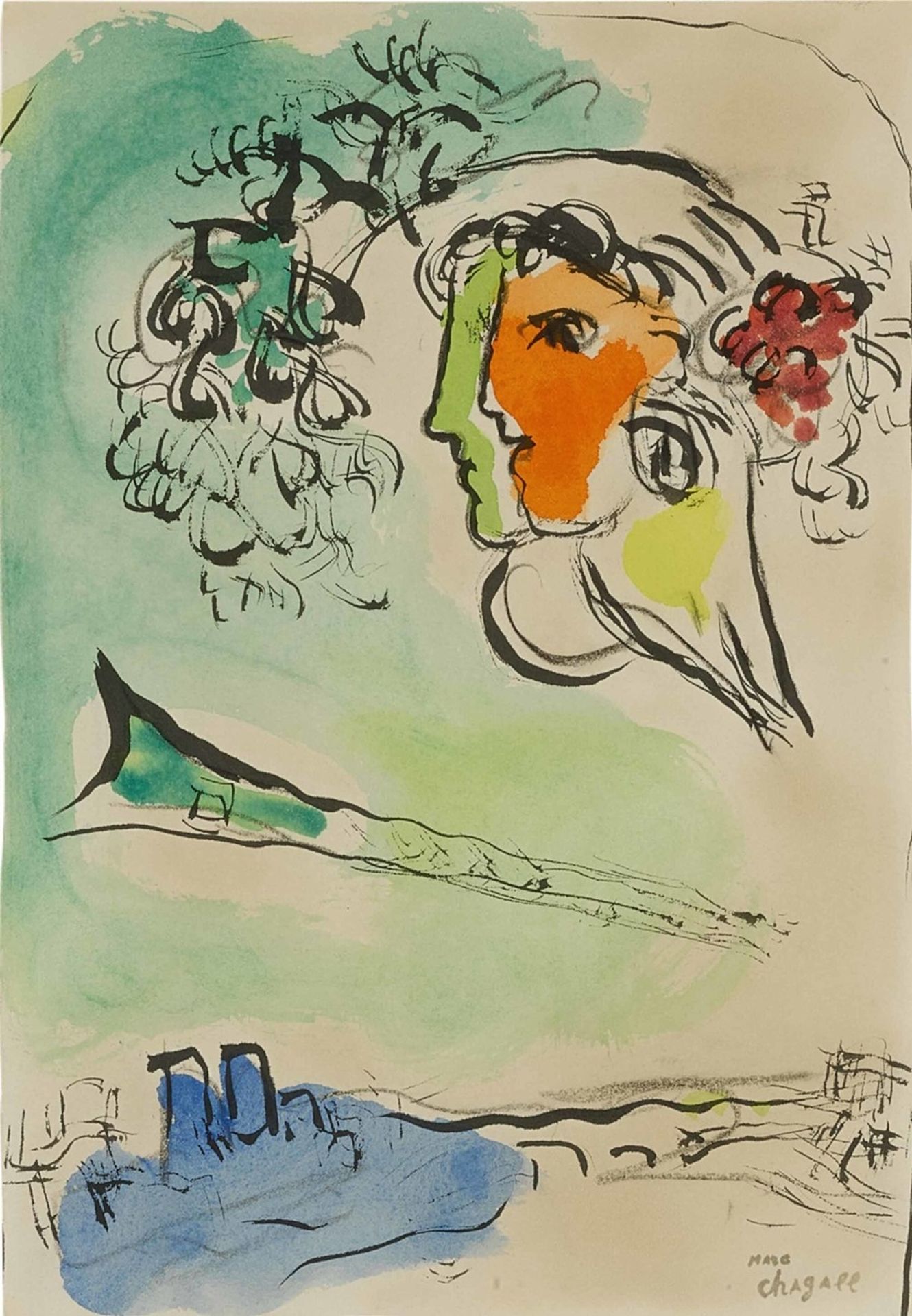Esquisse pour l’affiche ‘Le ciel Bleu’ ou Profils vert et orange by Marc Chagall