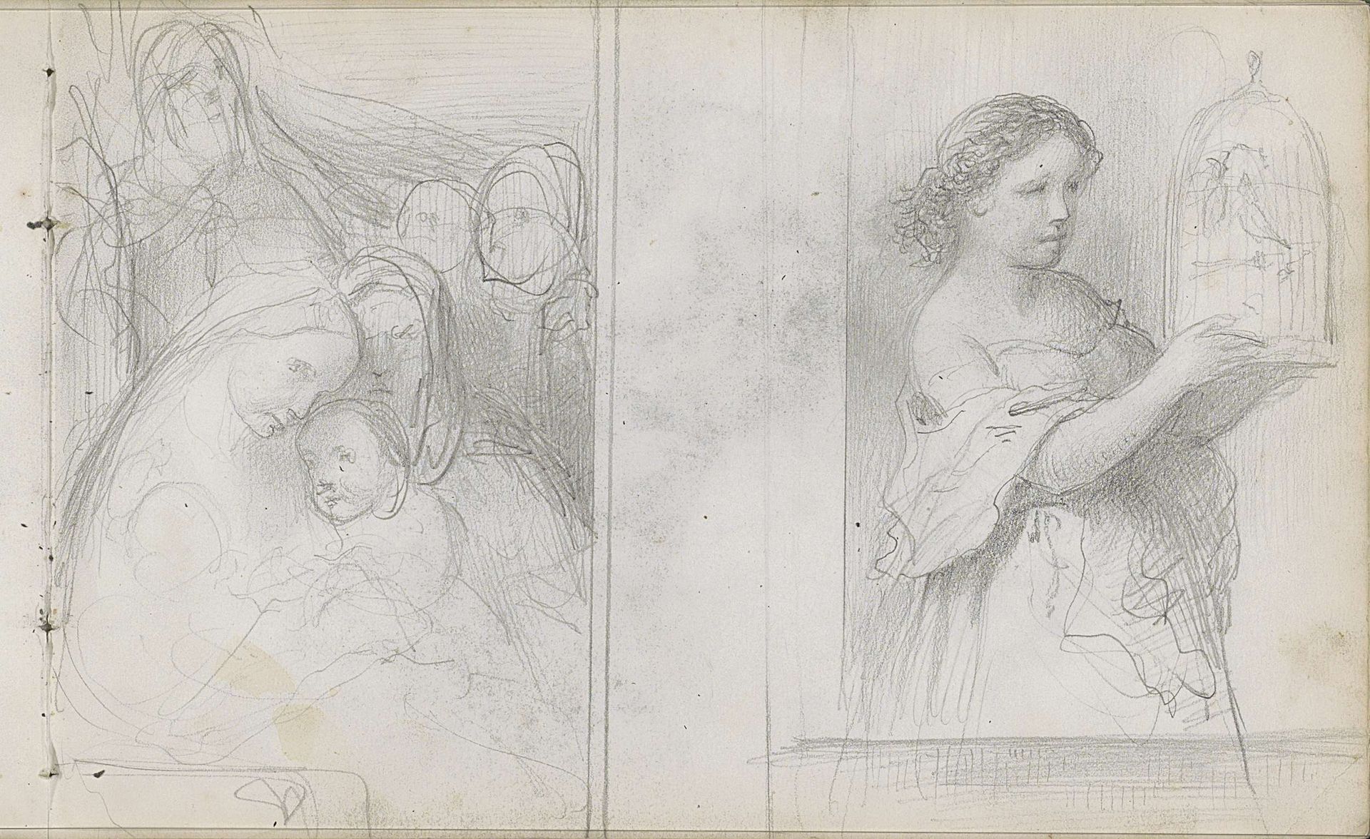 Figuren rond een baby geschaard en een meisje met vogelkooi by Bastiaan de Poorter