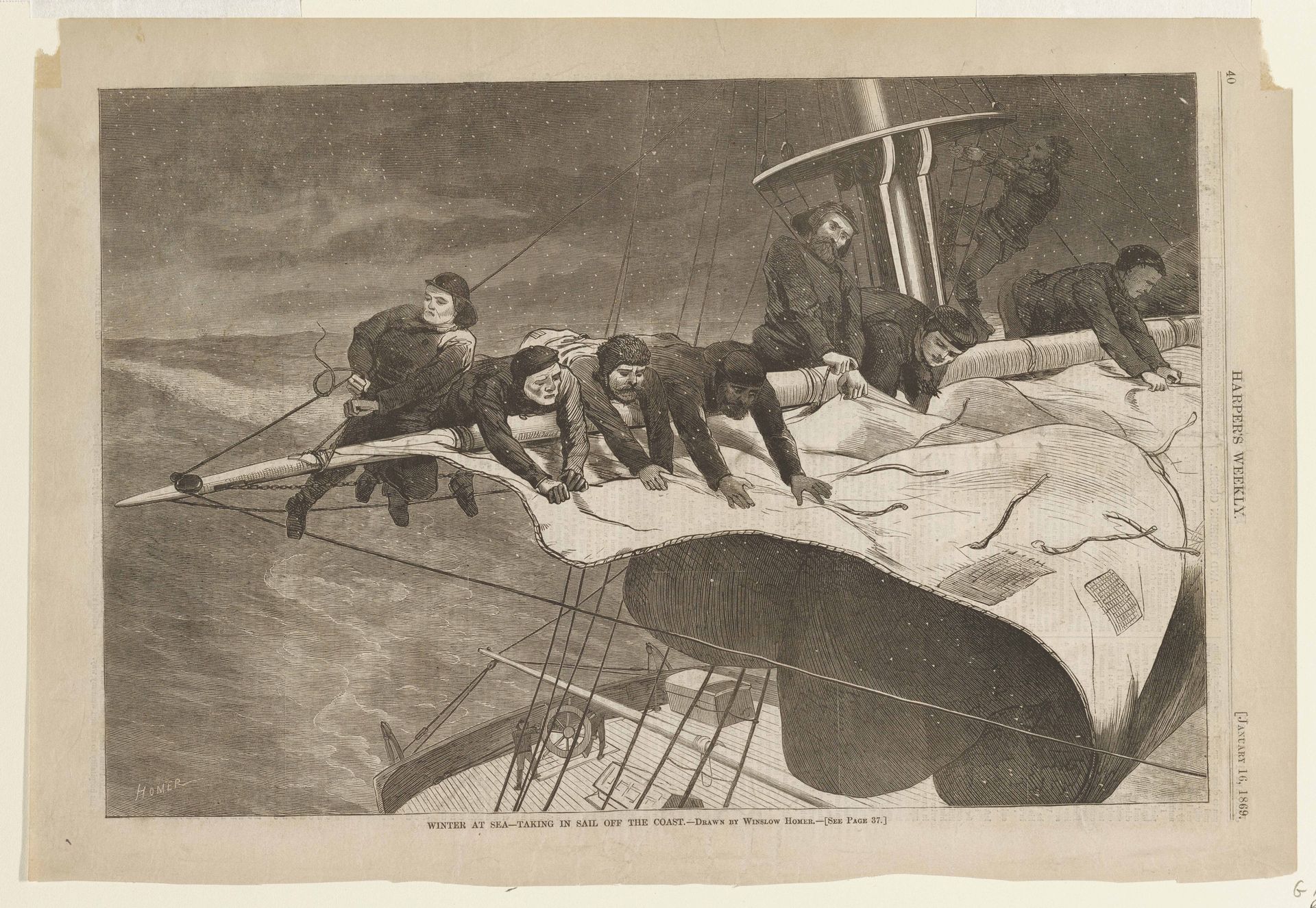 Winter at Sea - Taking in Sail Off the Coast by Winslow Homer