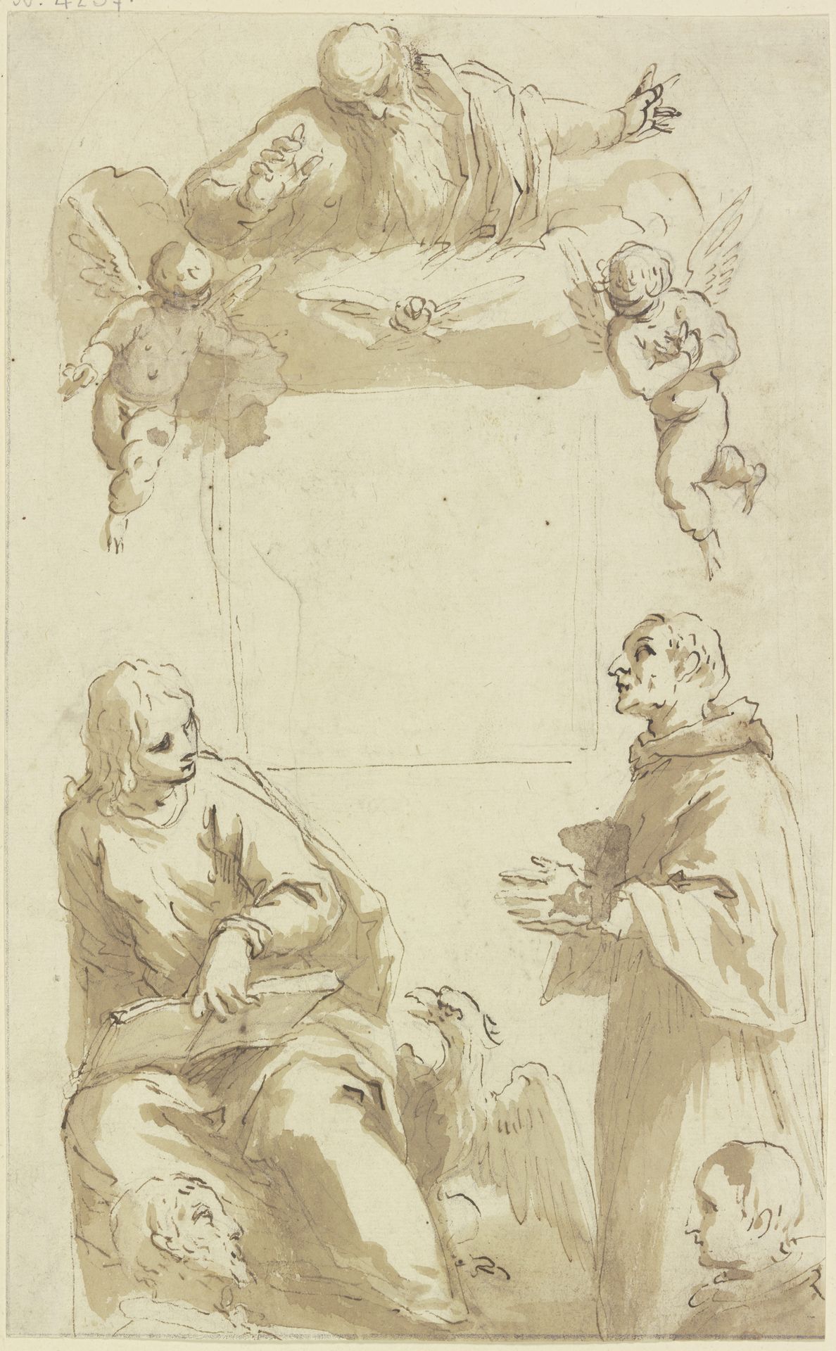 Gottvater mit Taube und Engeln über leerem quadratischem Feld, darunter Johannes der Evangelist und ein anderer anbetender Heiliger sowie die Köpfe von zwei Stiftern by Palma il Giovane