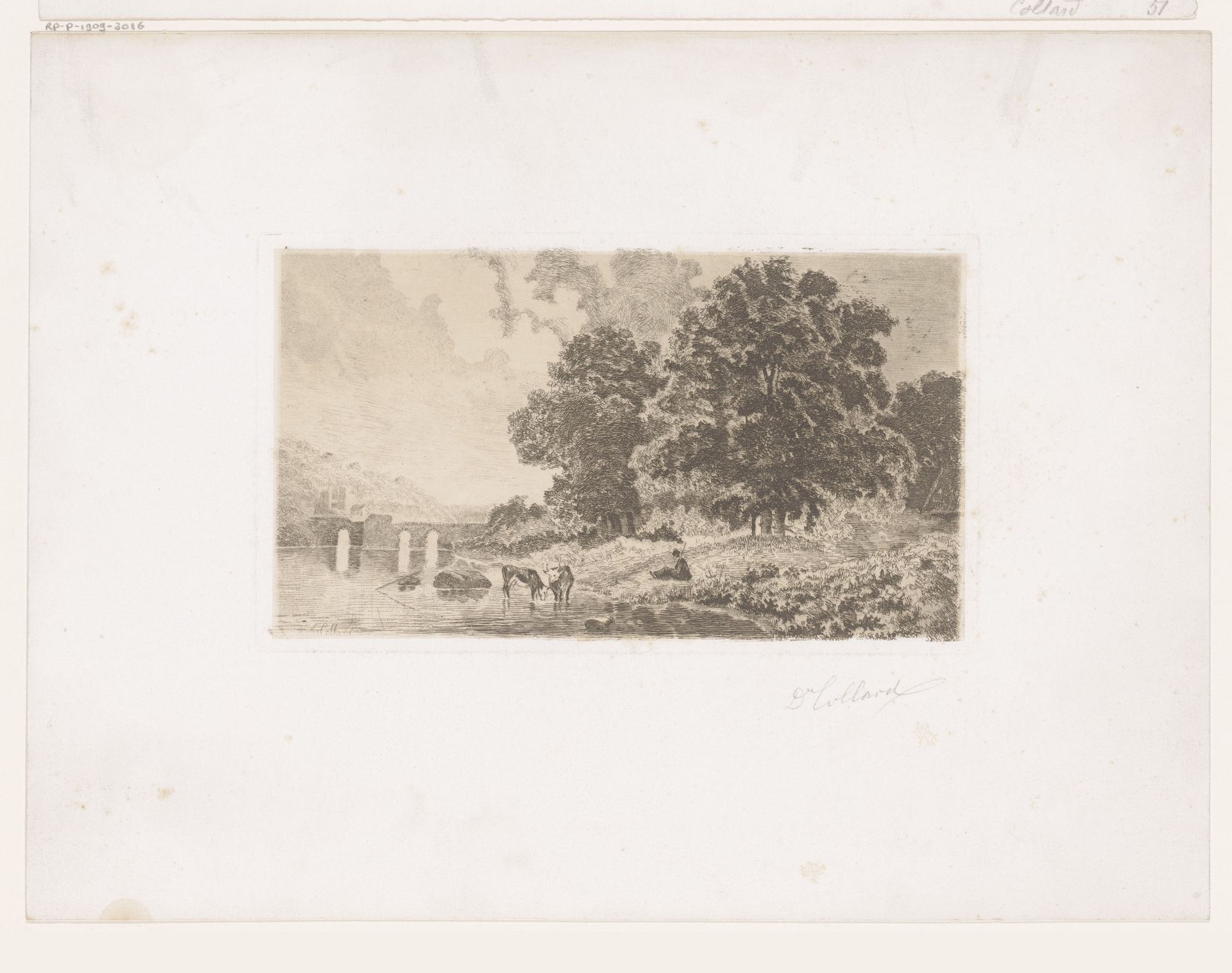 Landschap met brug op de achtergrond en een boer met koeien aan de oever by Armand Collard