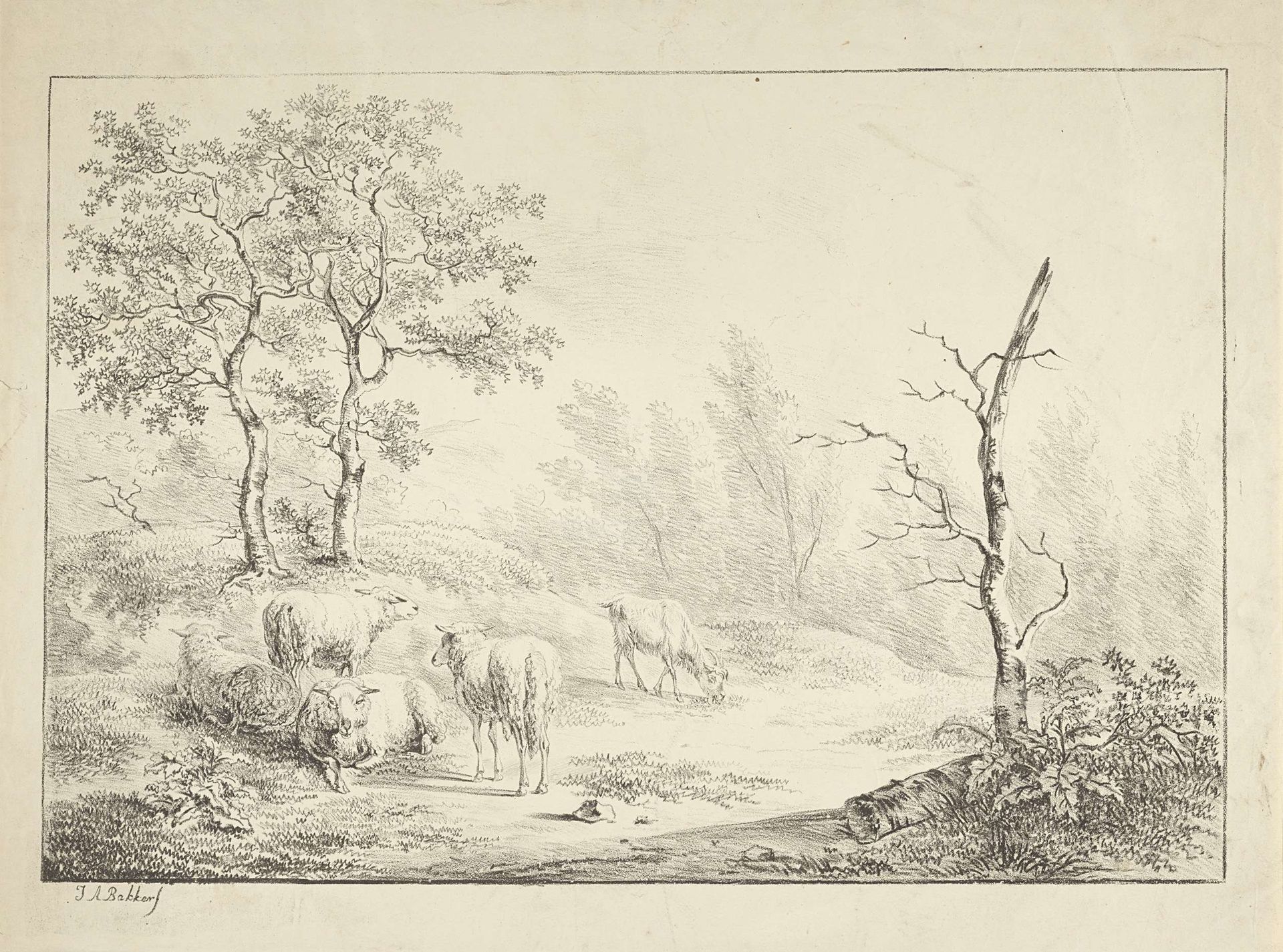 Landschap met schapen en geit by Job Augustus Bakker