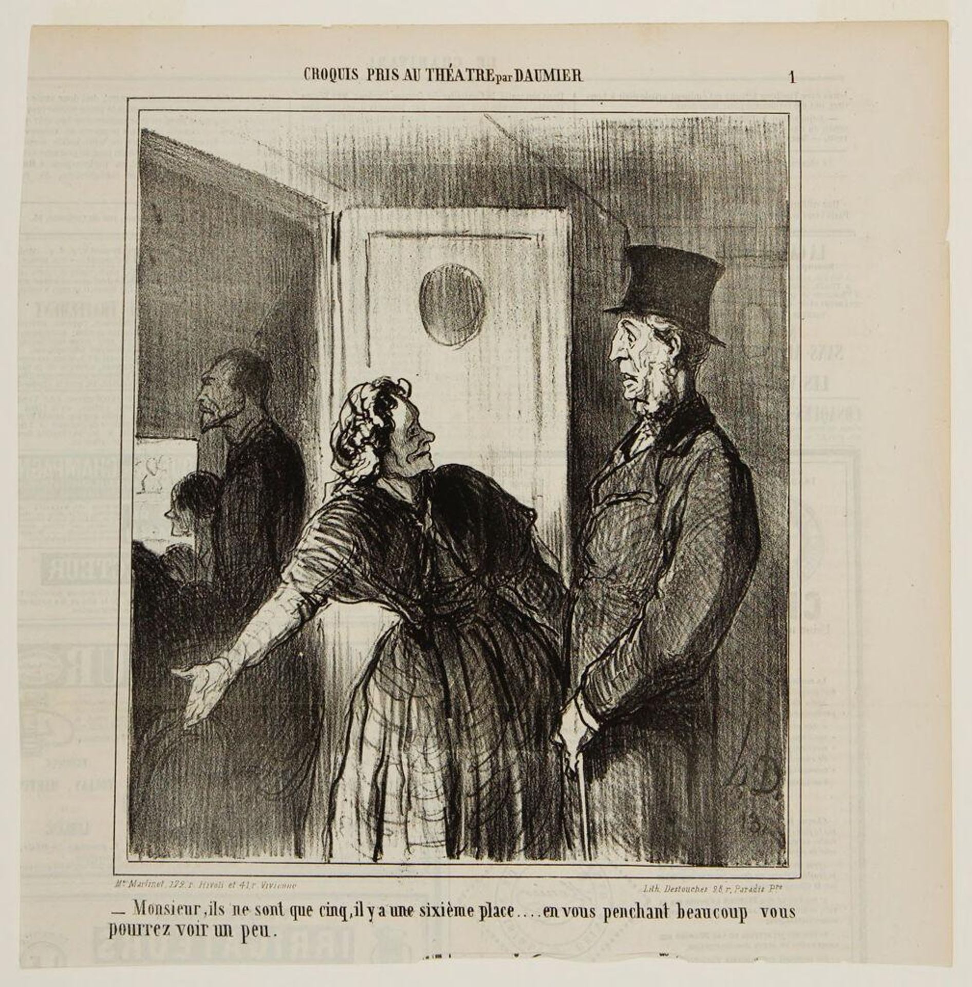 "Mister, there's only five there, there's a sixth seat...if you stoop down, you can see a little." by Honoré Daumier