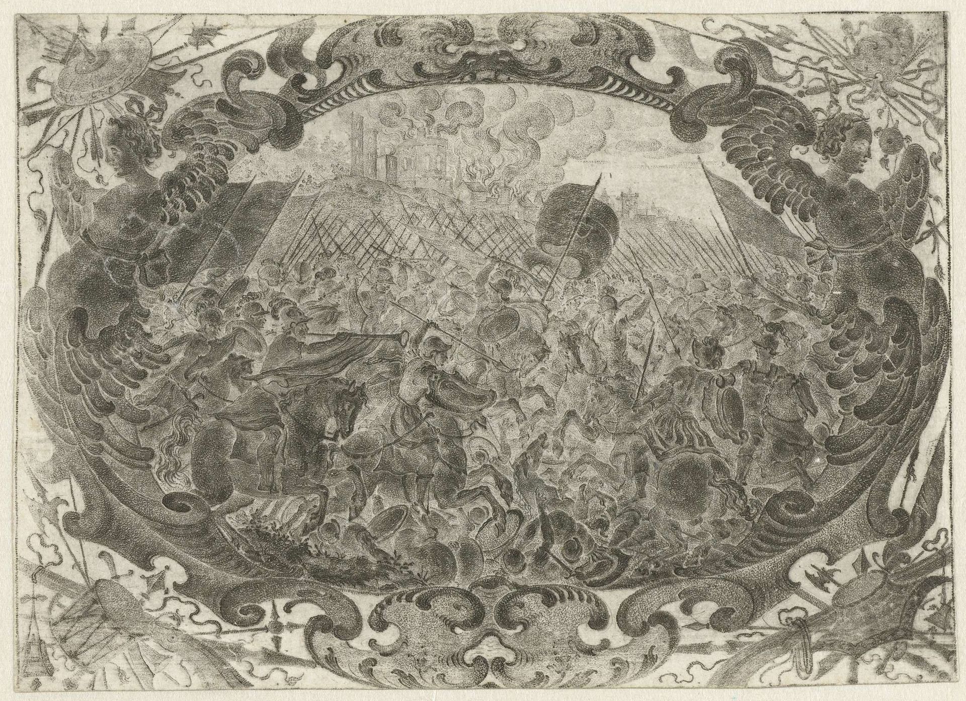 Cartouche met veldslag by Daniël Kellerthaler