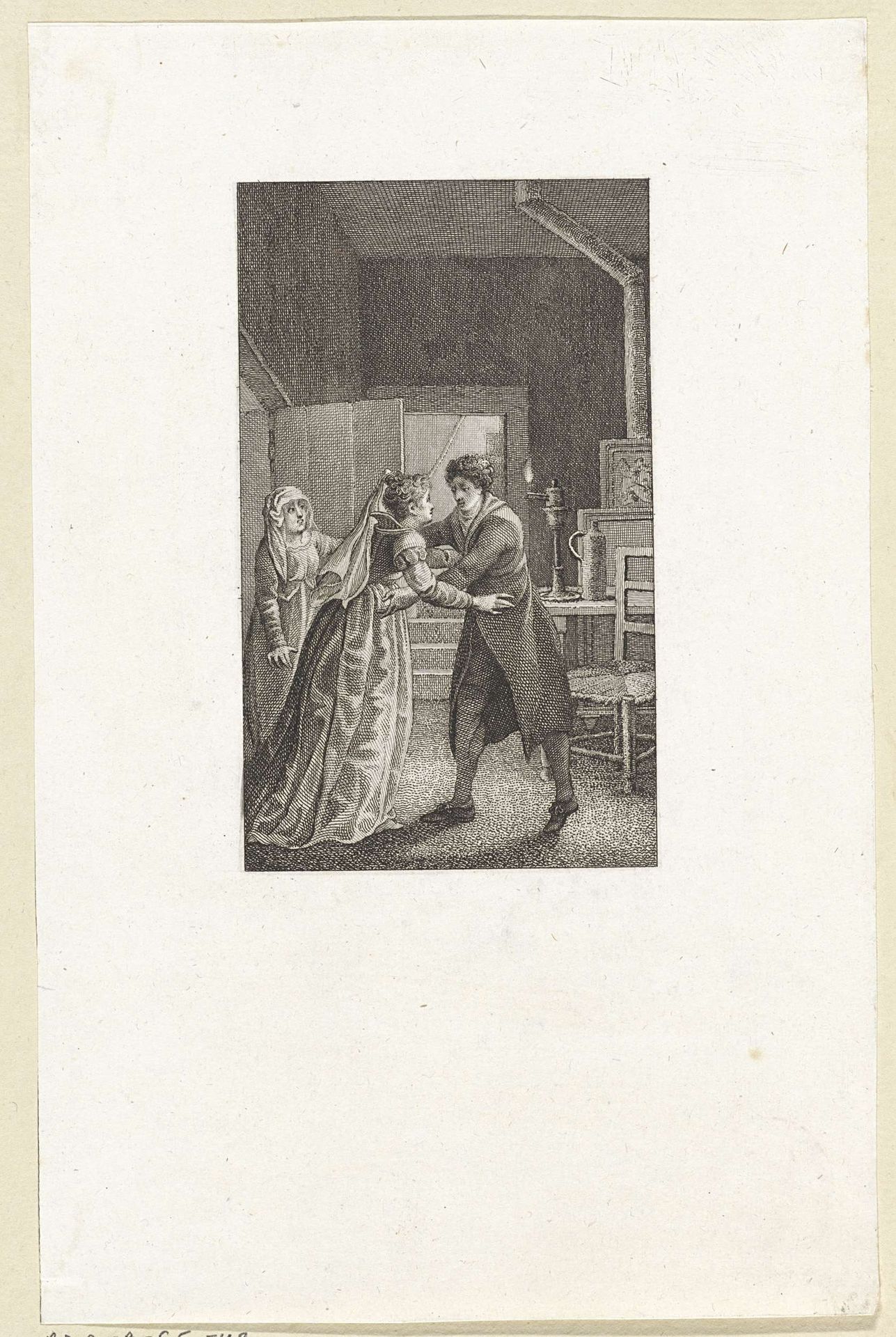 Nachtelijke ontmoeting bij het licht van een olielamp by Reinier Vinkeles