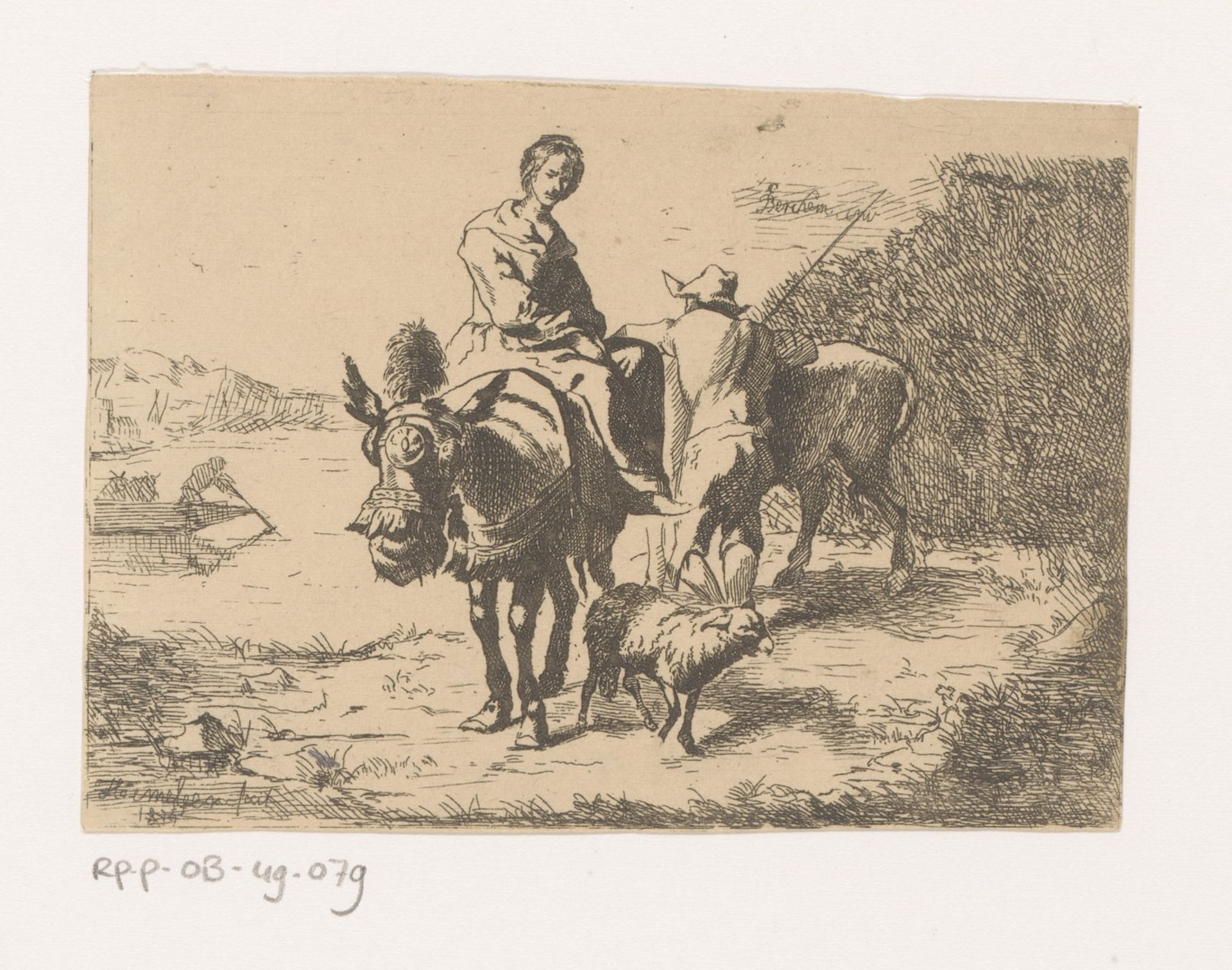Vrouw gezeten op een ezel en een man staand bij een rund by Jos Hemeleer
