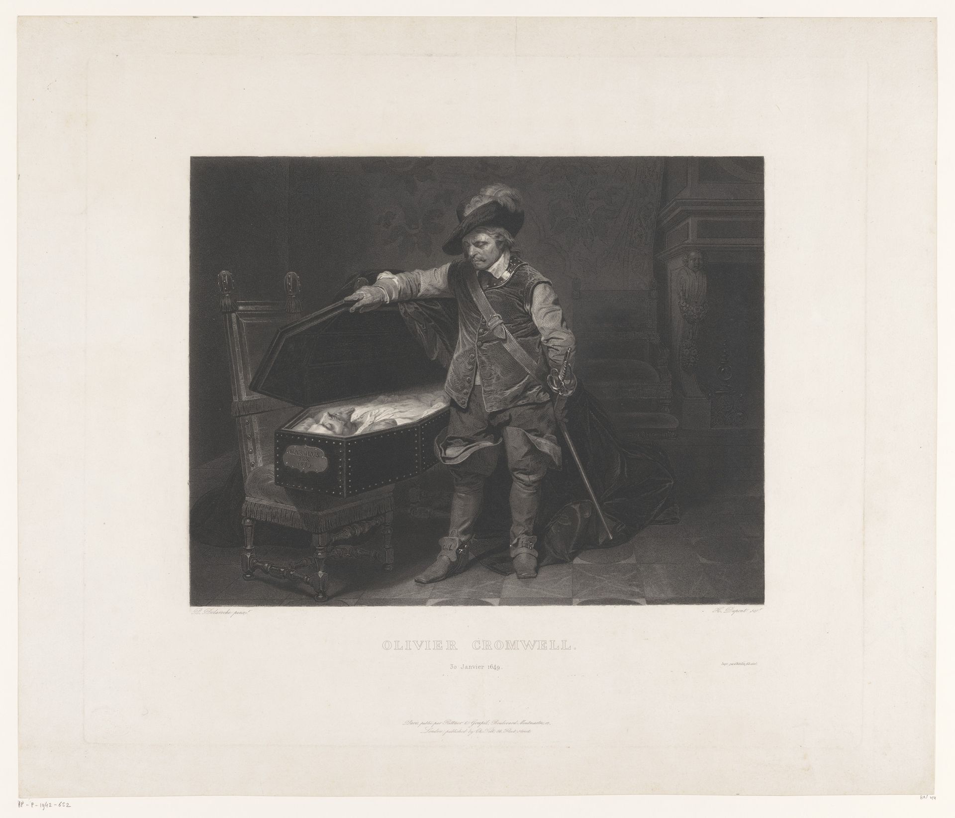 Oliver Cromwell bij de doodskist van Karel I, koning van Engeland by Louis Pierre Henriquel-Dupont