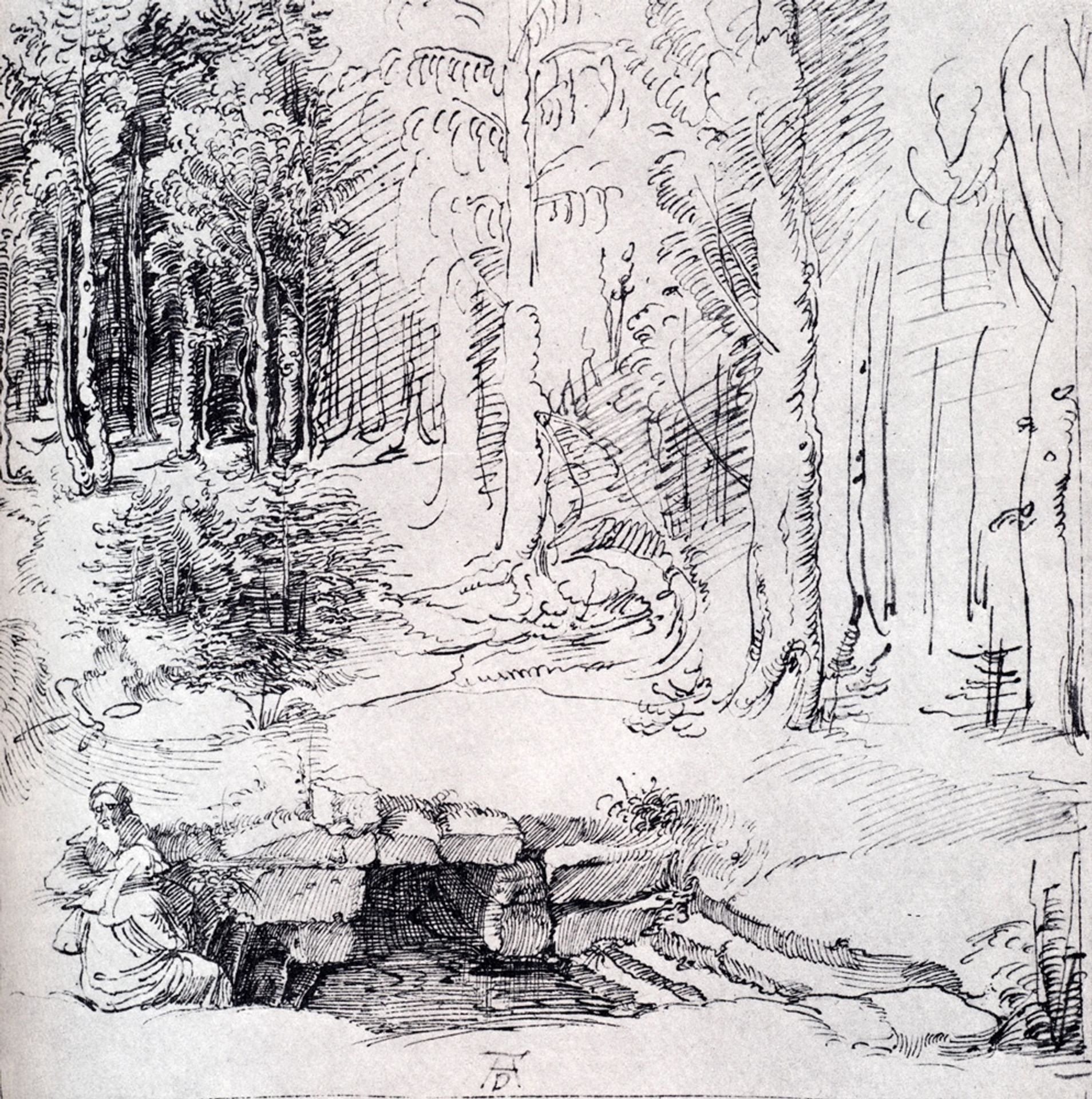 Forest Glade With A Walled Fountain By Which Two Men Are Sitting by Albrecht Durer