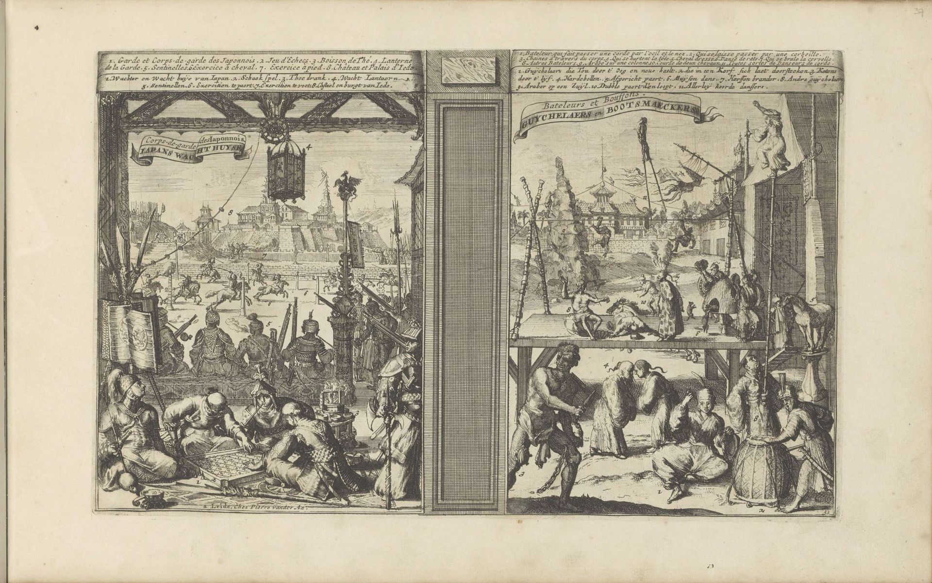Wachthuis in Japan; Goochelaars en acrobaten by Romeyn de Hooghe