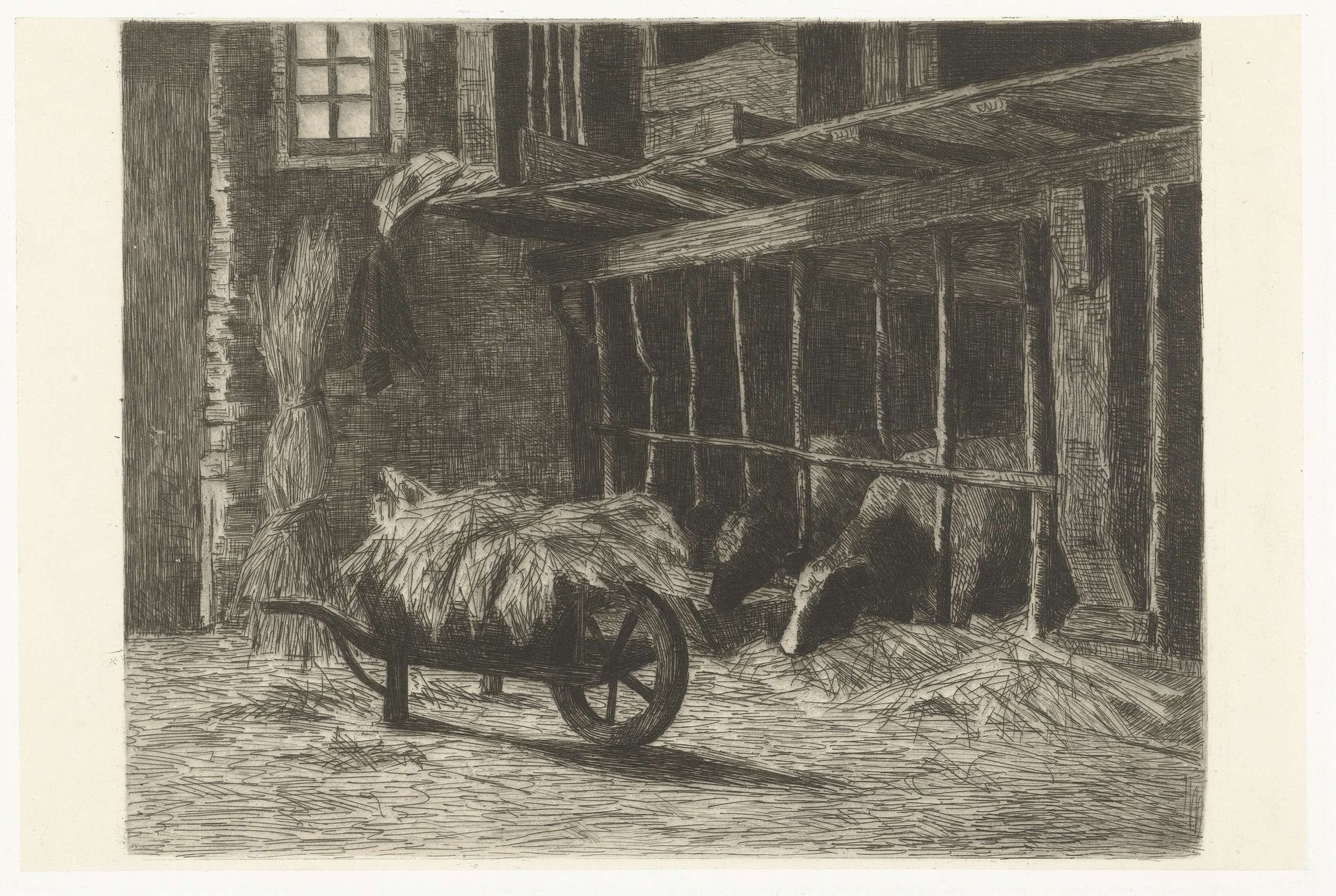Interieur van stal met koeien en kruiwagen met hooi by Johanna Henriëtte Besier