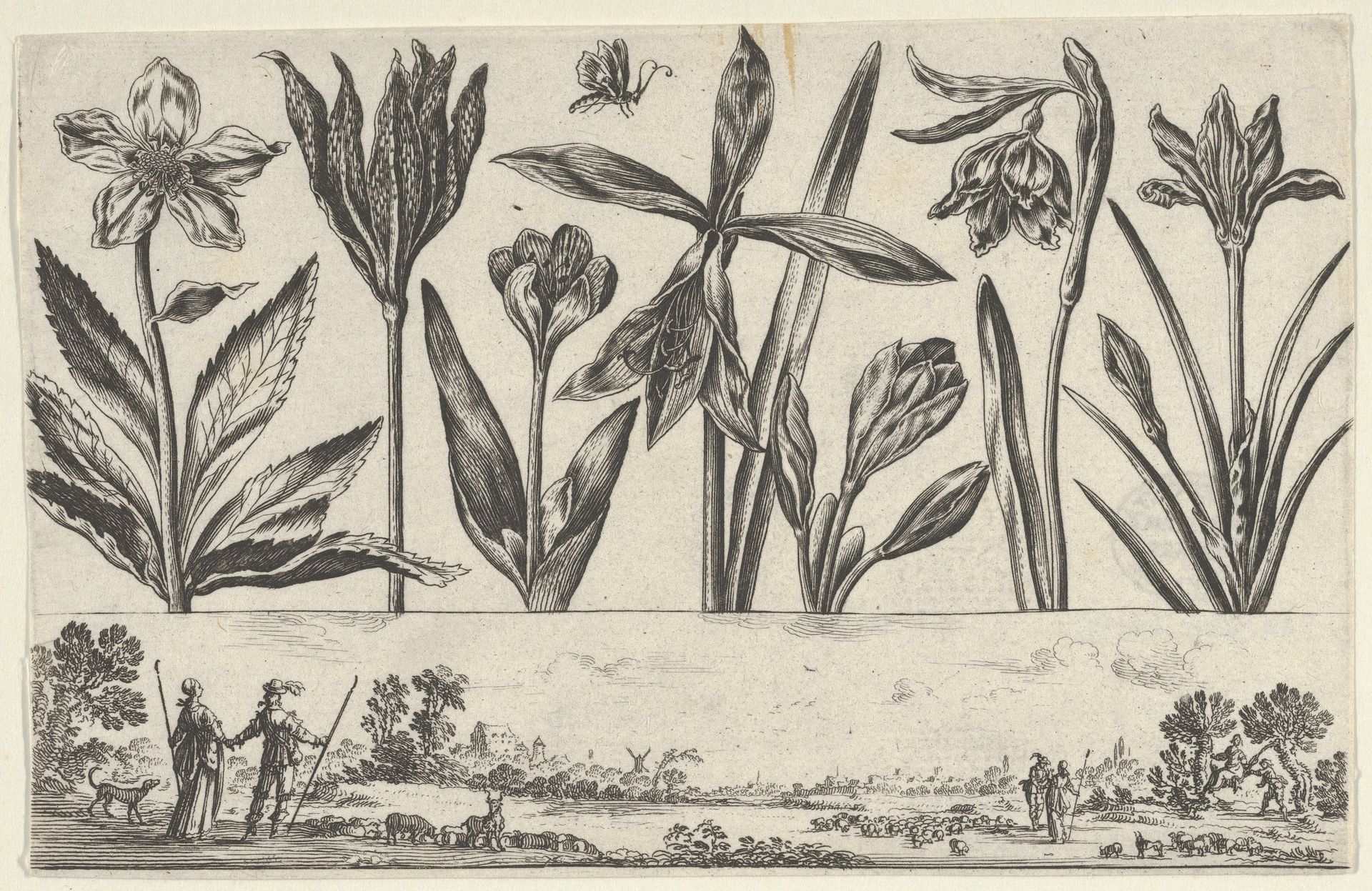 Horizontal Panel with a Row of Flowers Above a Frieze with Figures in a Landscape, from Livre Nouveau de Fleurs Tres-Util by Nicolas Cochin