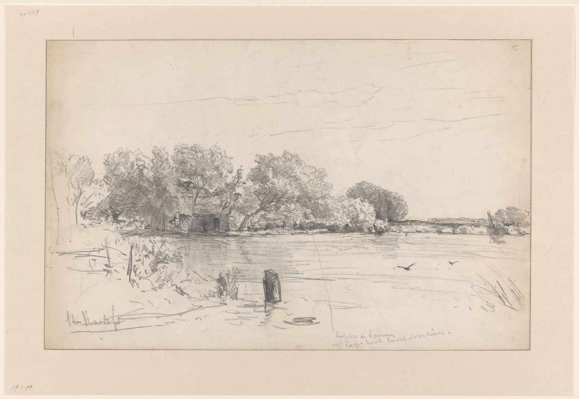 Boerenwoning onder bomen aan een plas by Willem Roelofs