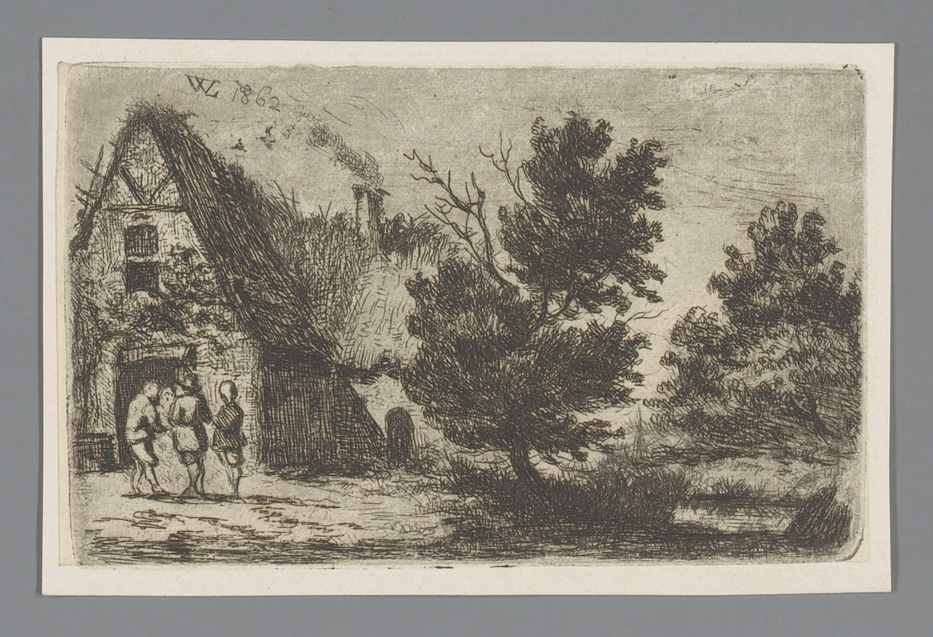 Landschap met vier figuren bij een boerderij by Willem (II) Linnig