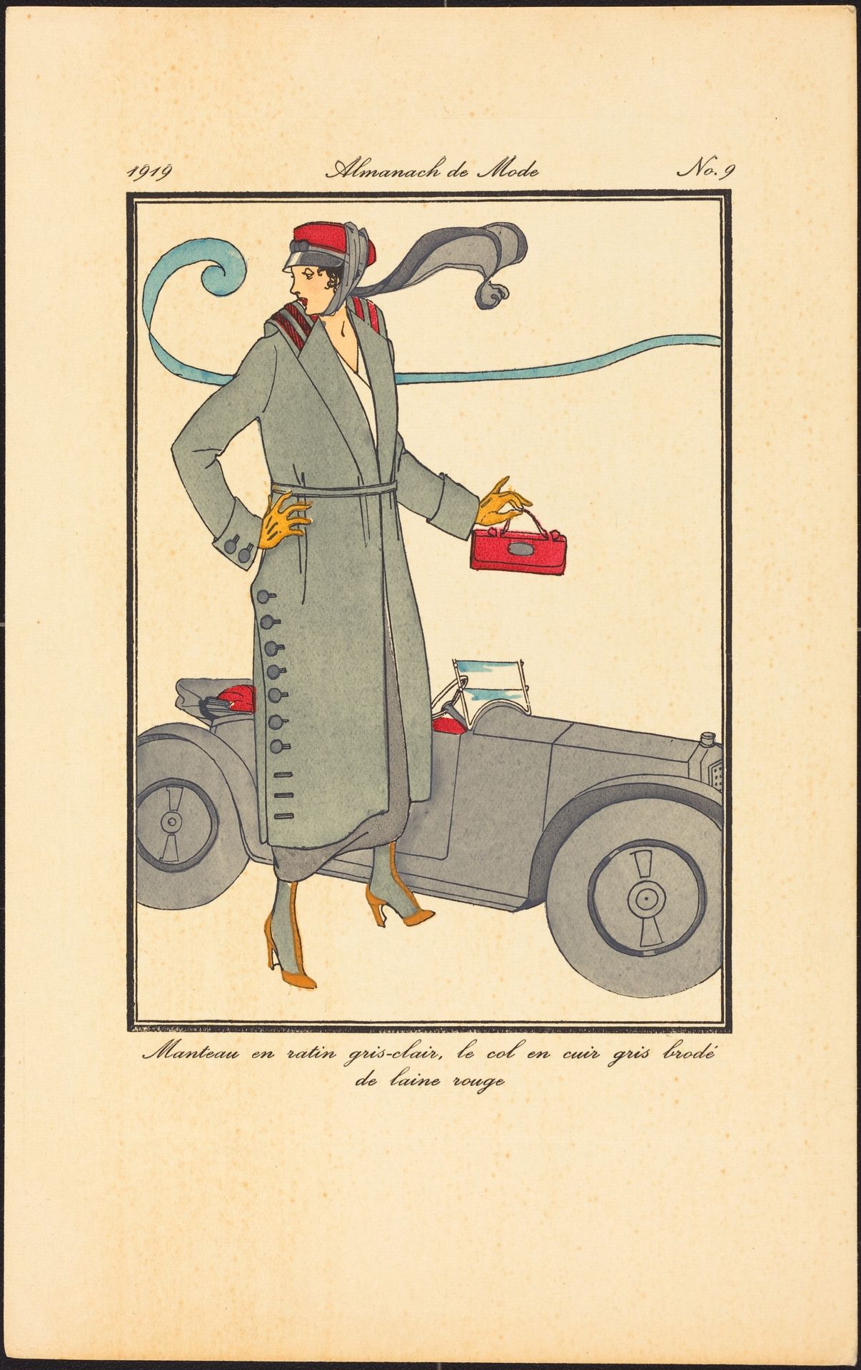 Manteau en ratin gris-clair, le col en cuir gris brodé de laine rouge by Anonymous
