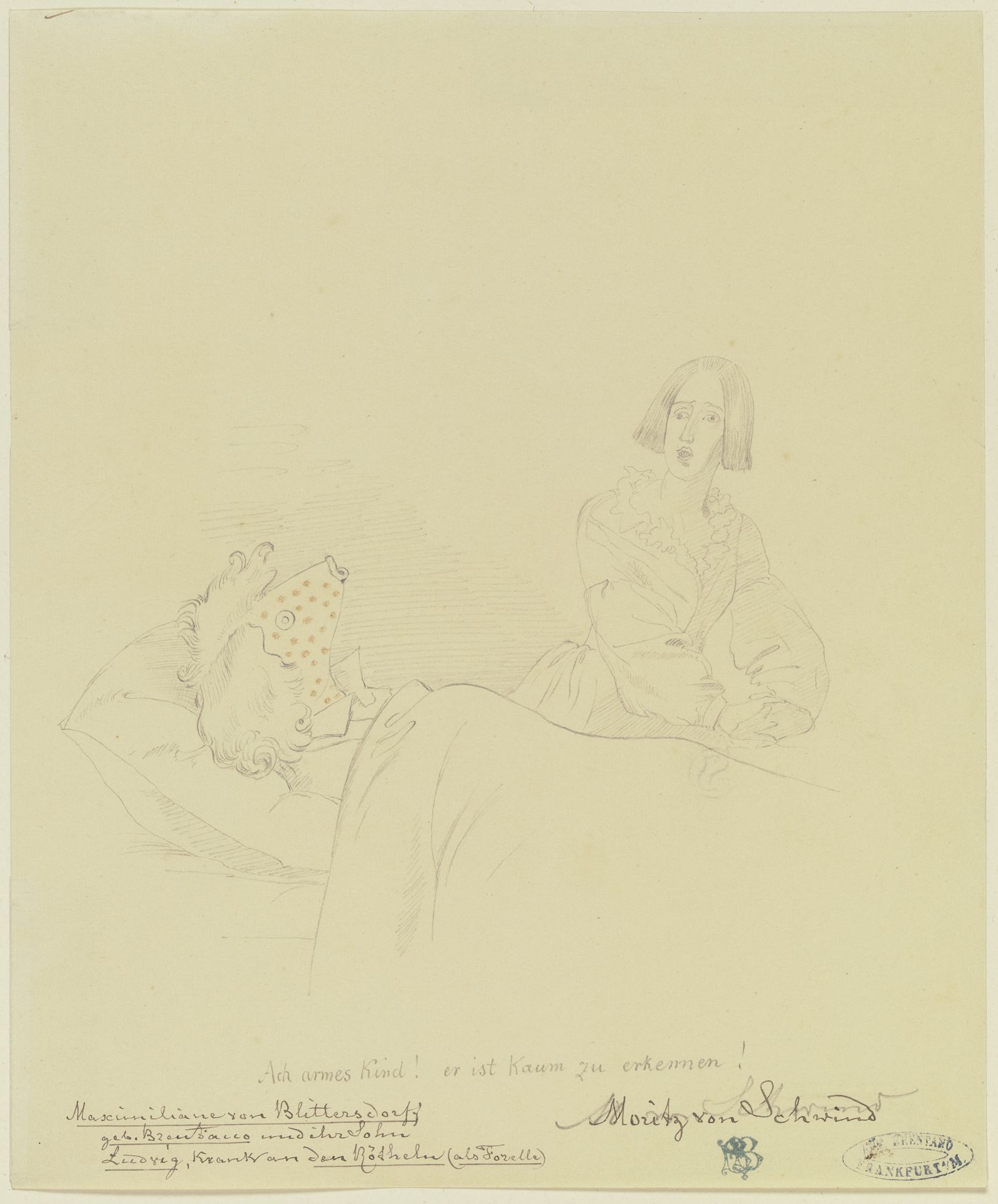 _Ach armes Kind! er ist kaum zu erkennen!_ Maximiliane von Blittersdorf geb. Brentano und ihr Sohn Ludwig, krank an den Röteln (als Forelle) by Moritz von Schwind
