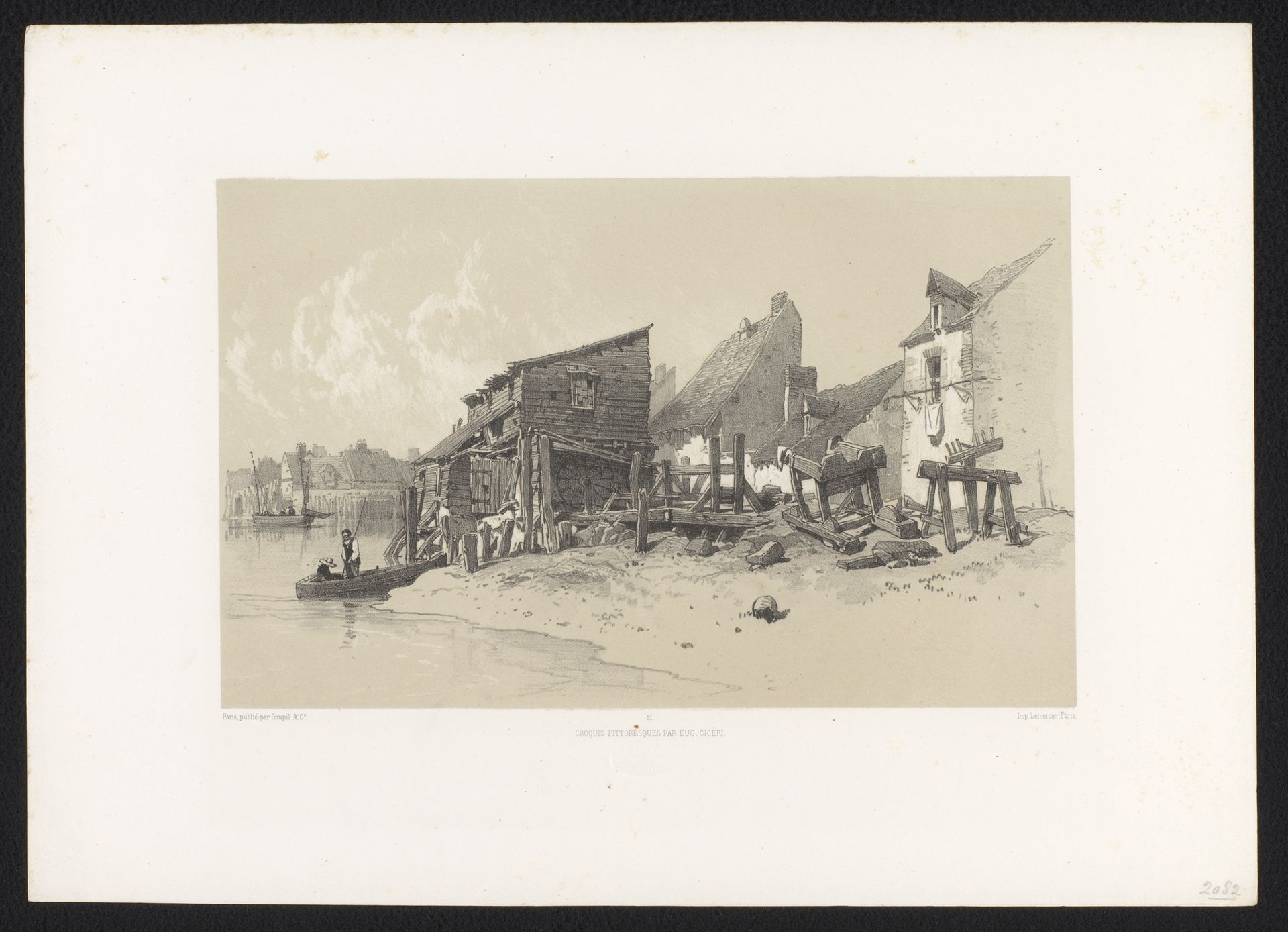 Rivieroever met huizen by Eugène Cicéri