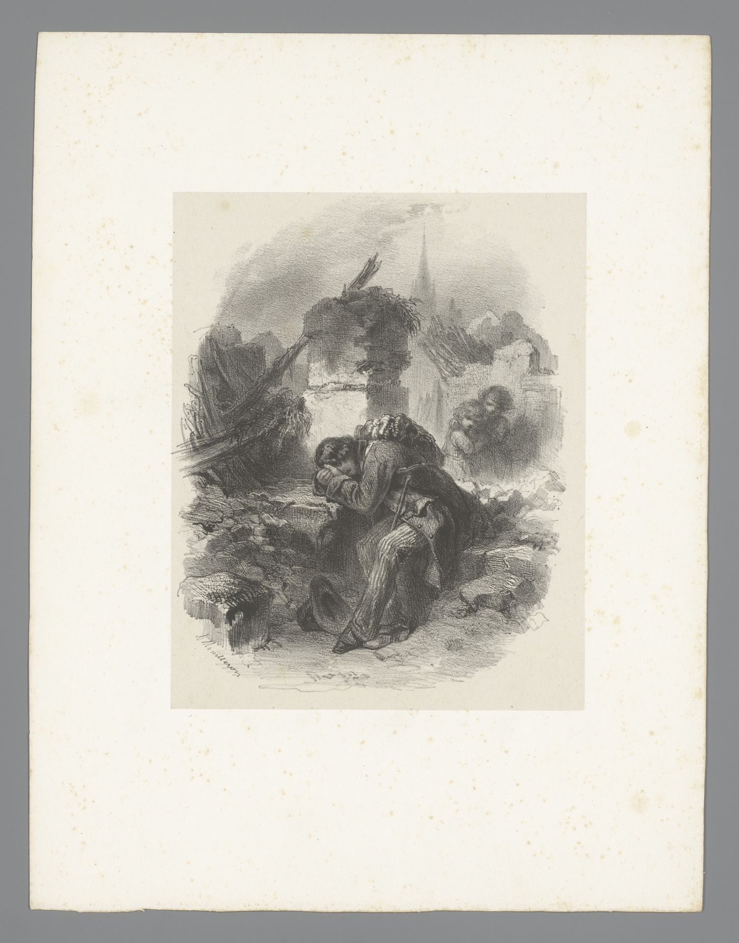 Treurende man ziet twee jonge kinderen als geest voor zich by Adolphe Mouilleron