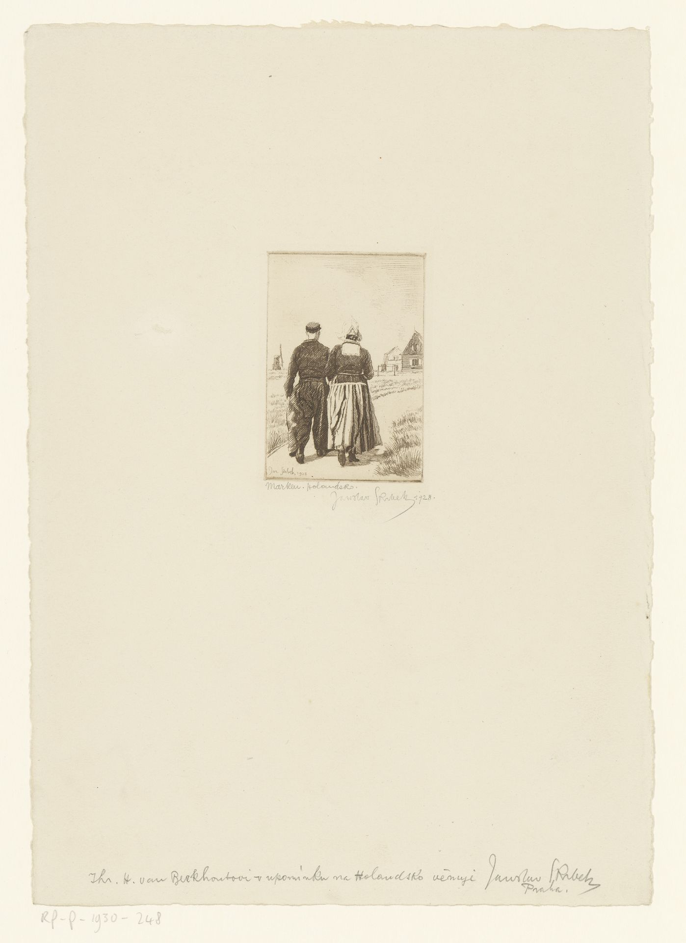 Man en vrouw in klederdracht in Hollands landschap met molen by Jaroslav Skribek