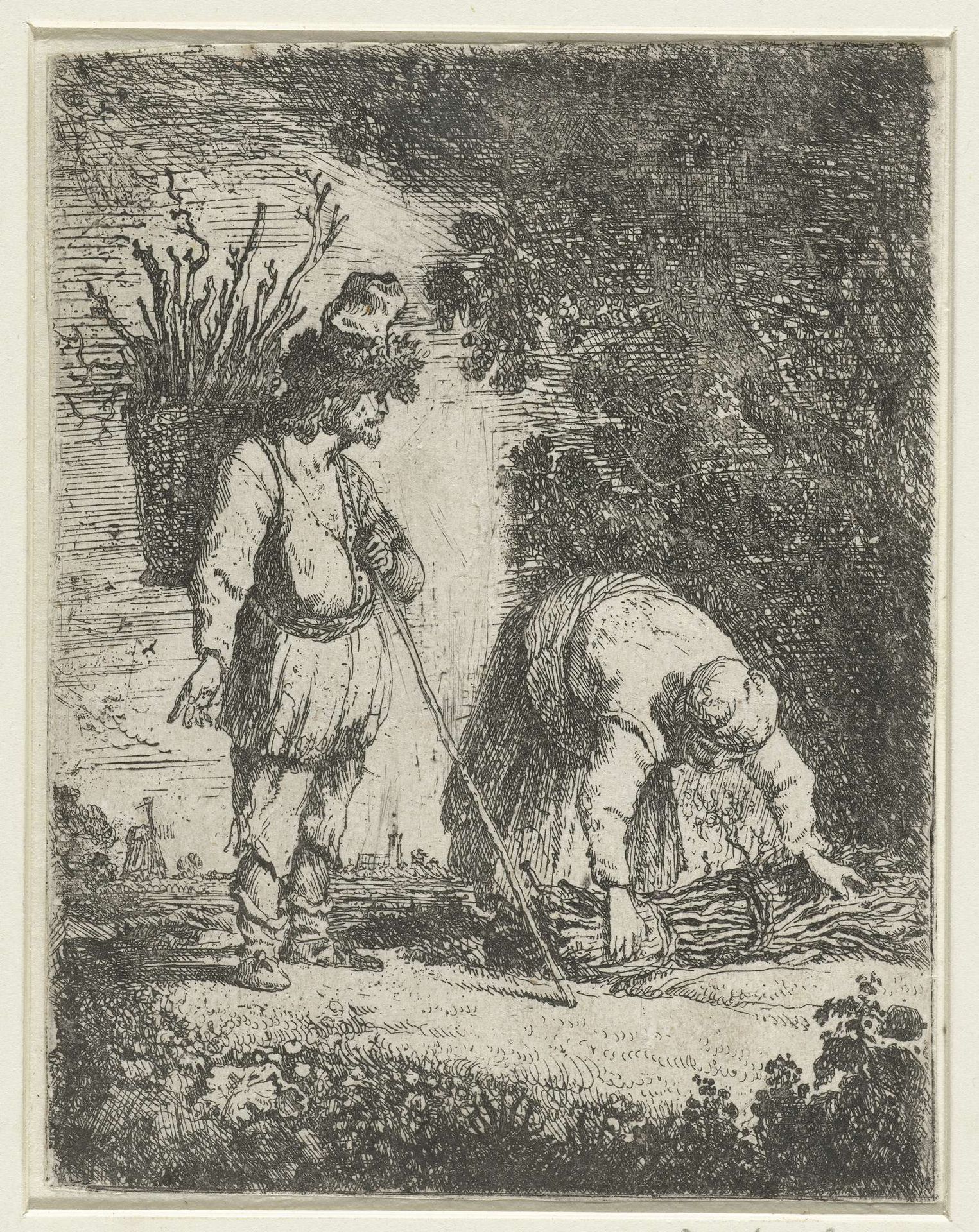Man en een vrouw sprokkelen hout by Anonymous