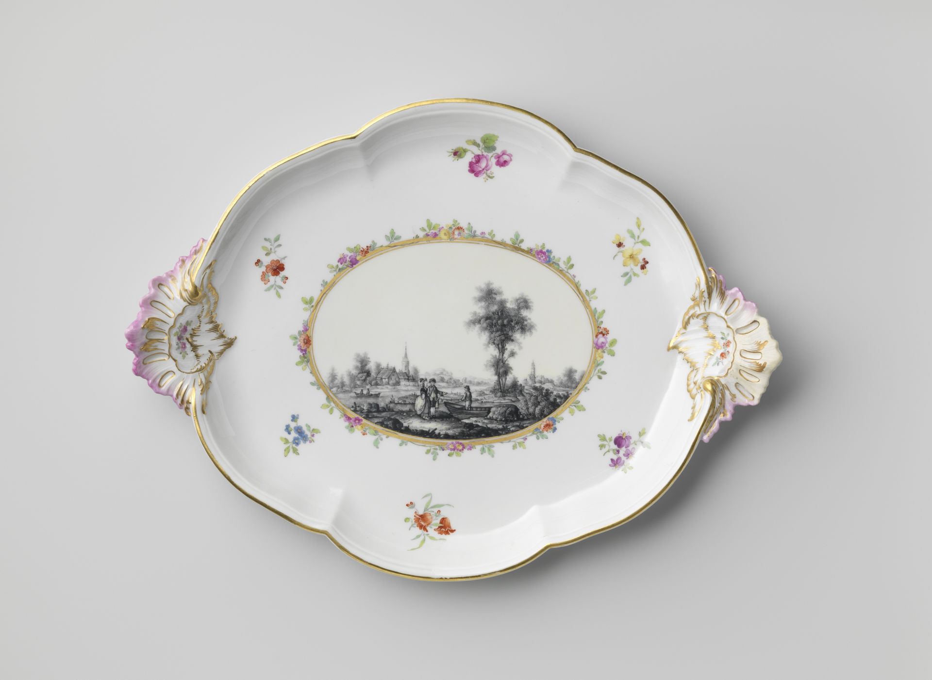 Dish with a landscape and flower sprays by Königliche Porzellan Manufaktur